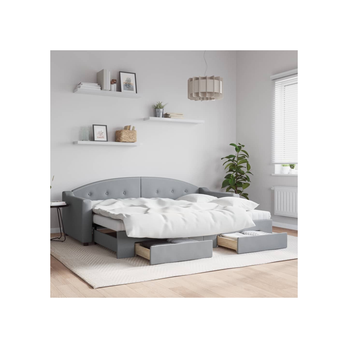 Lit de jour avec gigogne et tiroirs gris clair 80x200 cm tissu