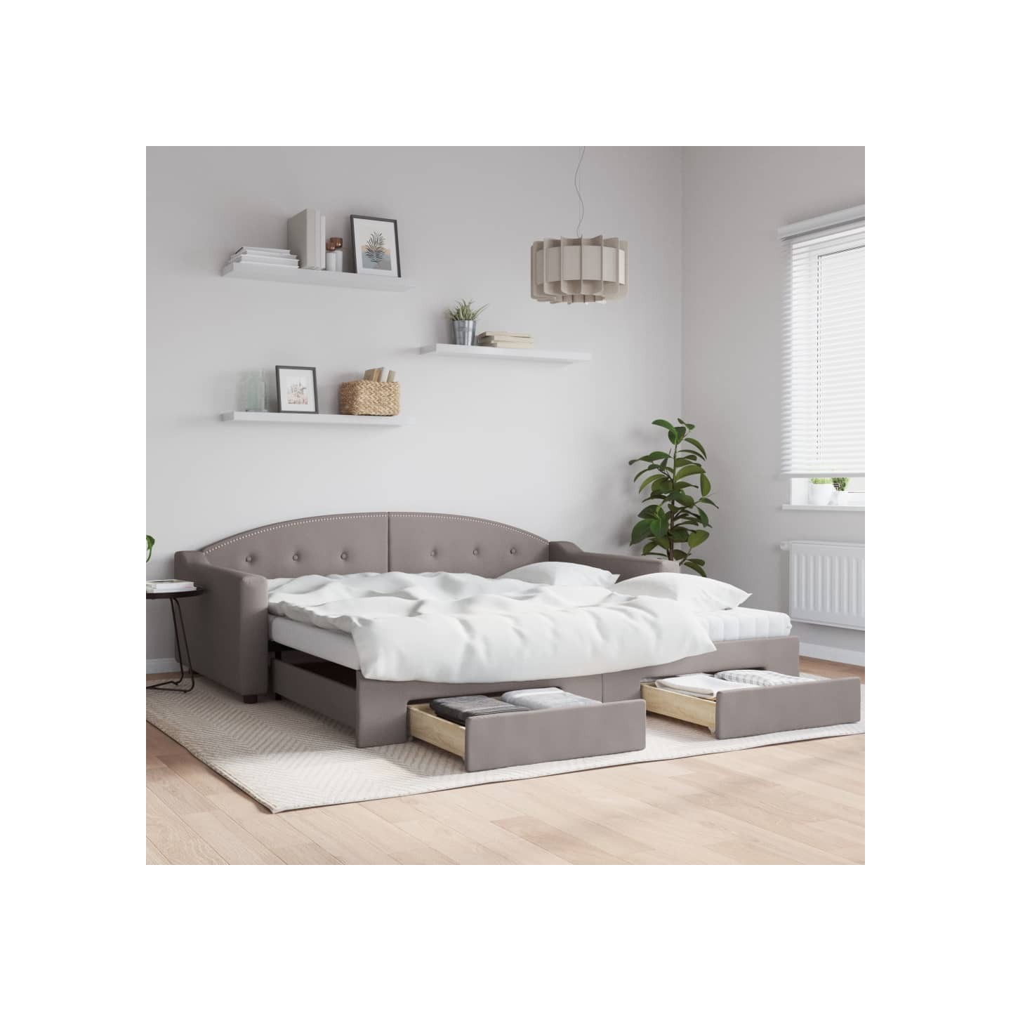 Lit de jour avec gigogne et tiroirs taupe 100x200 cm tissu