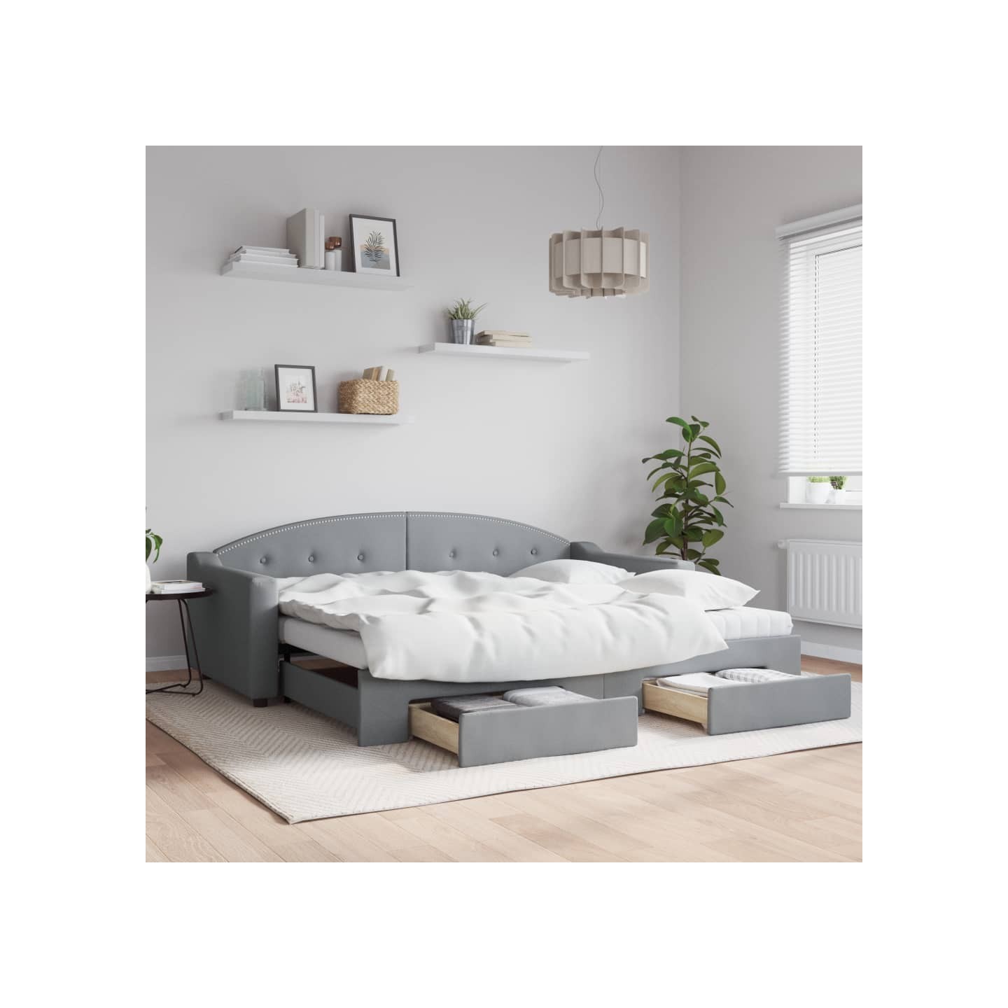 Lit de jour avec gigogne et tiroirs gris clair 90x200 cm tissu