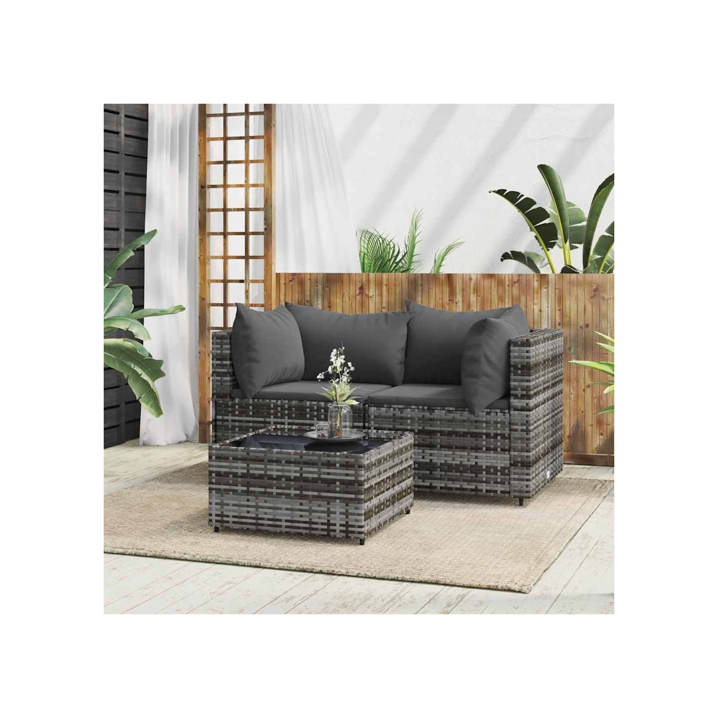 Salon de jardin 3 pcs avec coussins Gris Résine tressée