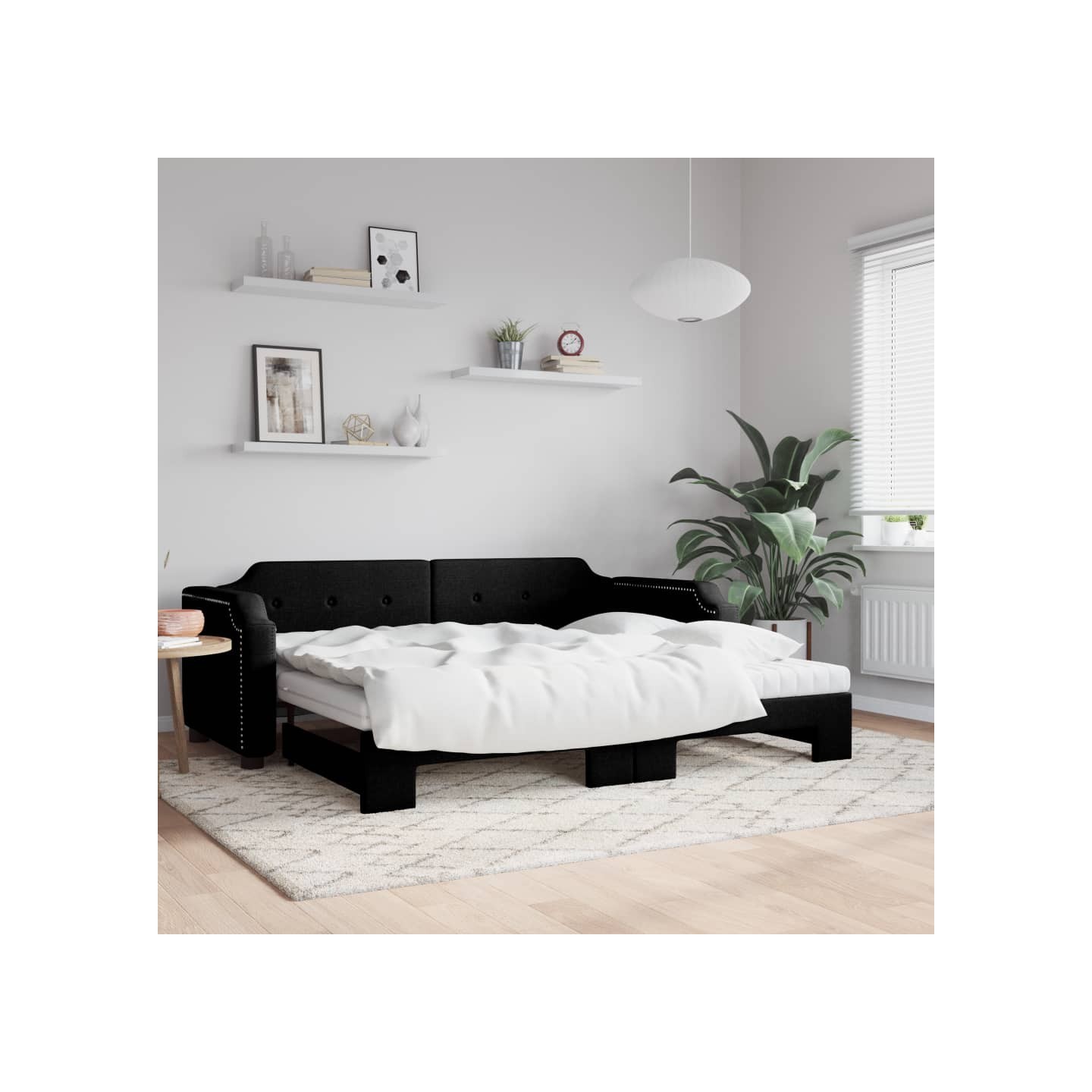 Lit de jour avec lit gigogne et matelas noir 80x200 cm tissu