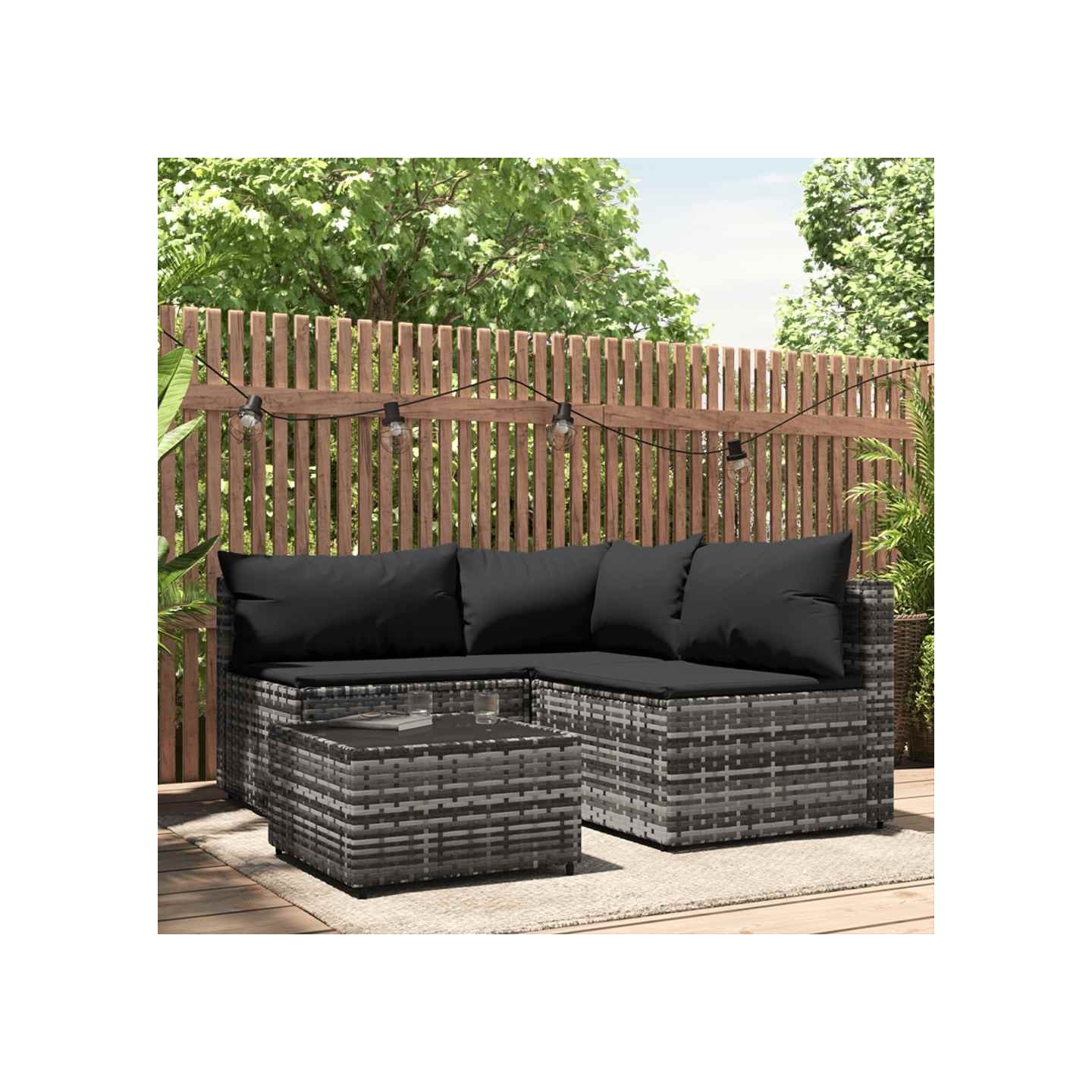 Salon de jardin 4 pcs avec coussins Gris Résine tressée