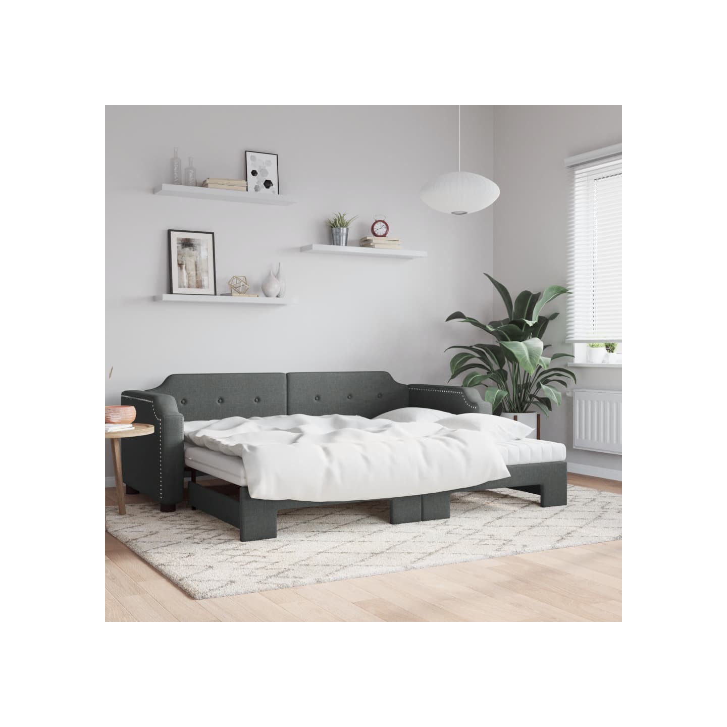 Lit de jour avec gigogne et matelas gris foncé 100x200 cm tissu