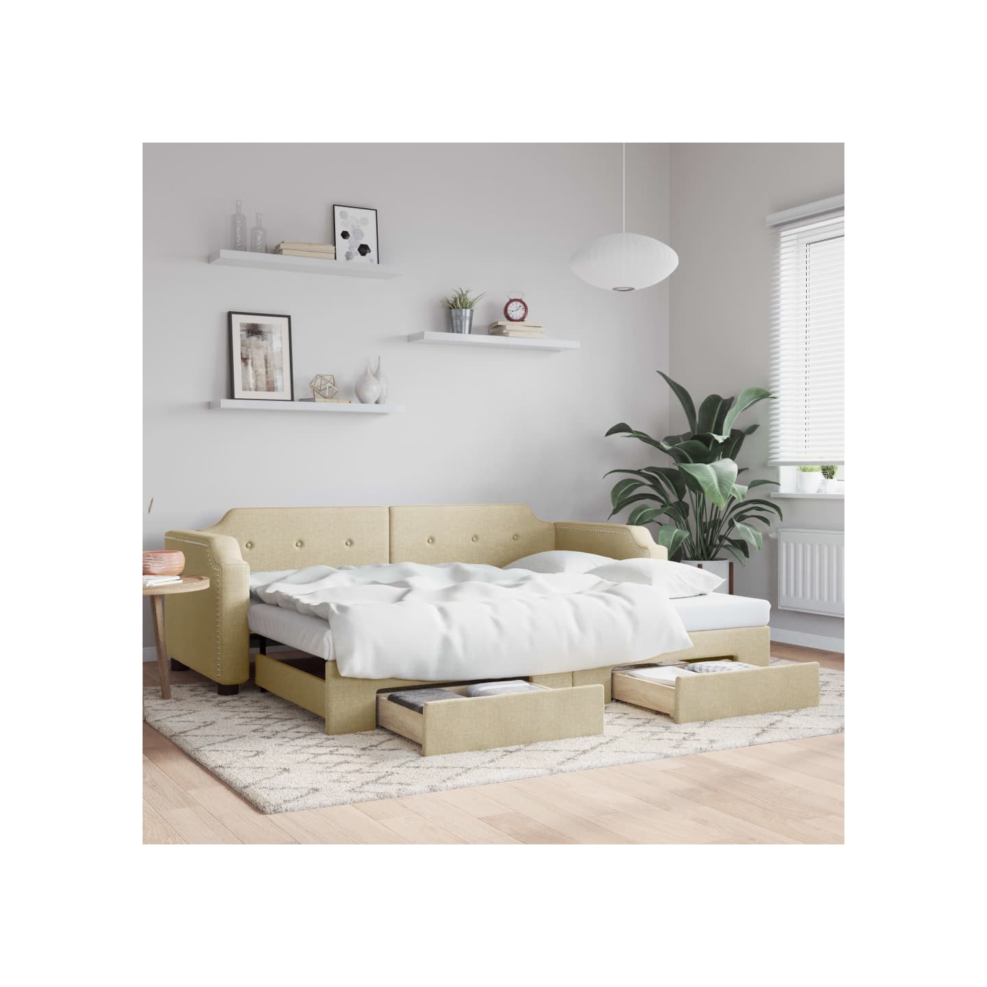 Lit de jour avec gigogne et tiroirs sans matelas crème 80x200cm