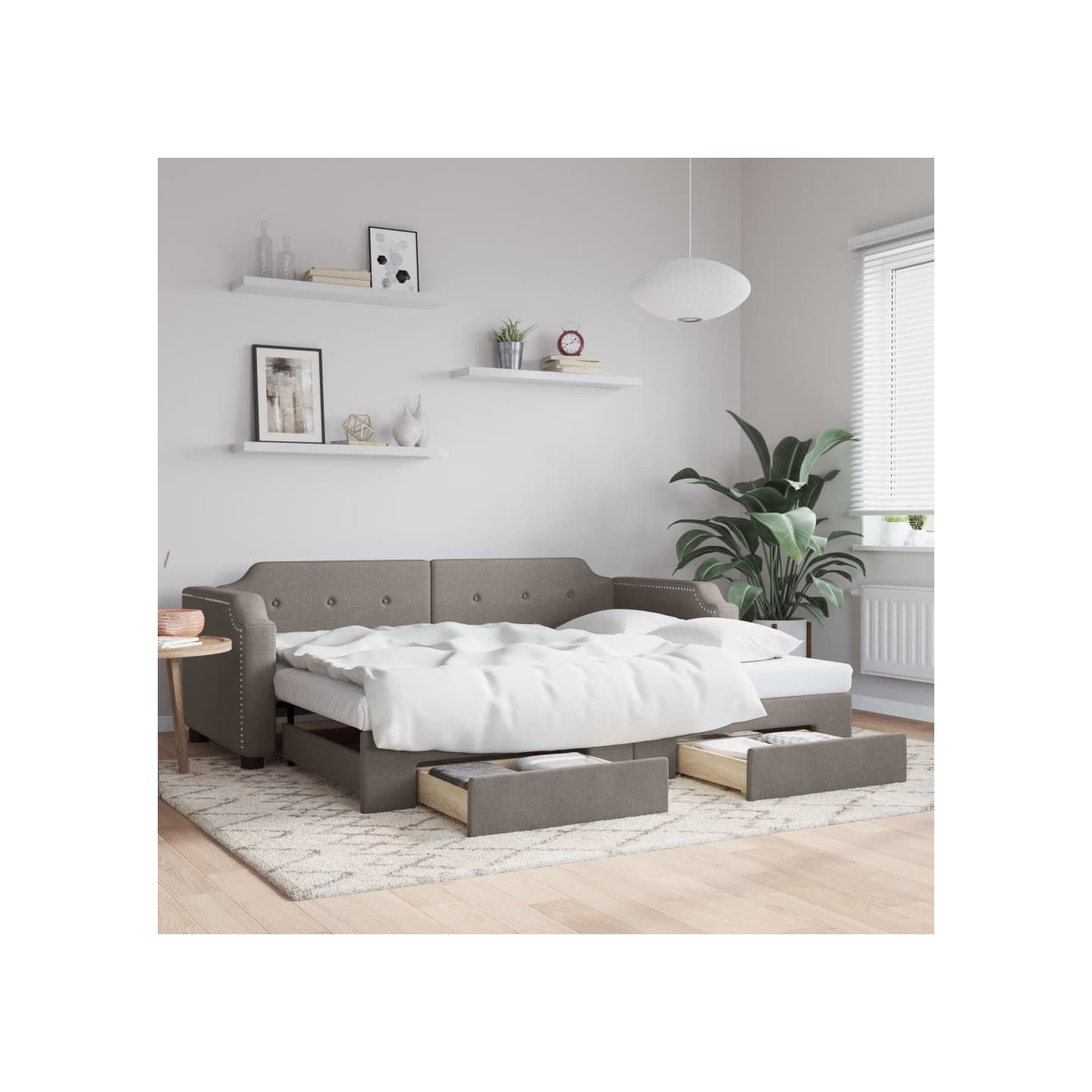 Lit de jour avec gigogne et tiroirs sans matelas taupe 90x200cm