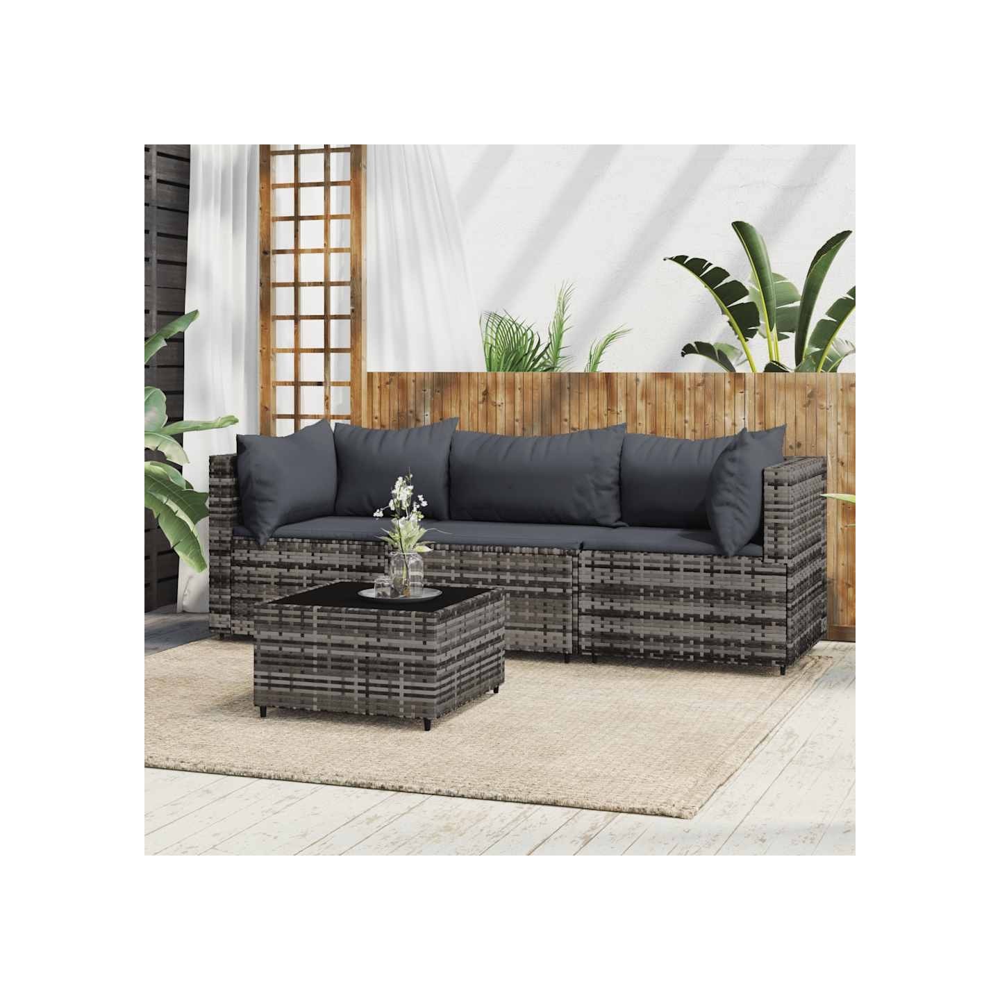 Salon de jardin 4 pcs avec coussins Gris Résine tressée