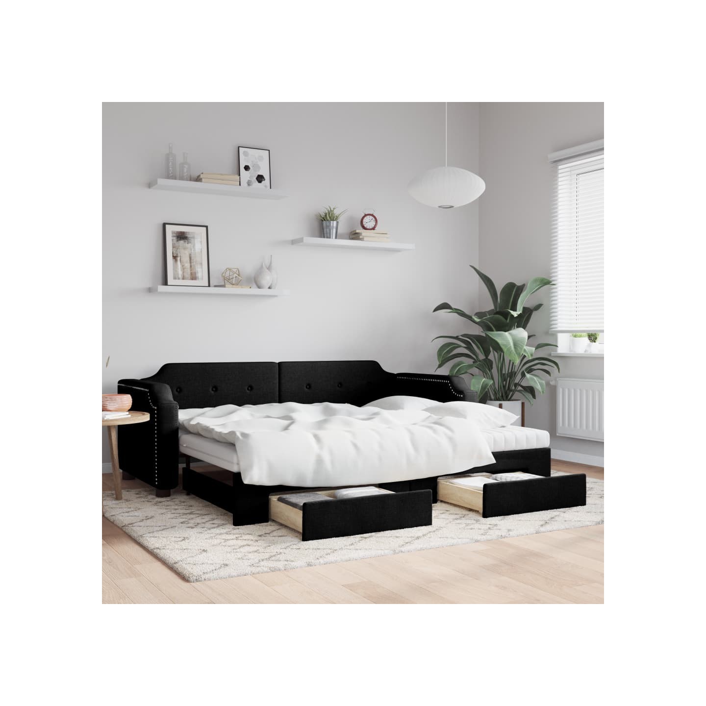 Lit de jour avec gigogne et tiroirs noir 80x200 cm tissu