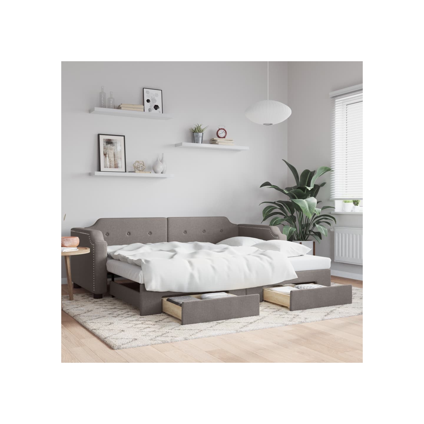 Lit de jour avec gigogne et tiroirs taupe 100x200 cm tissu