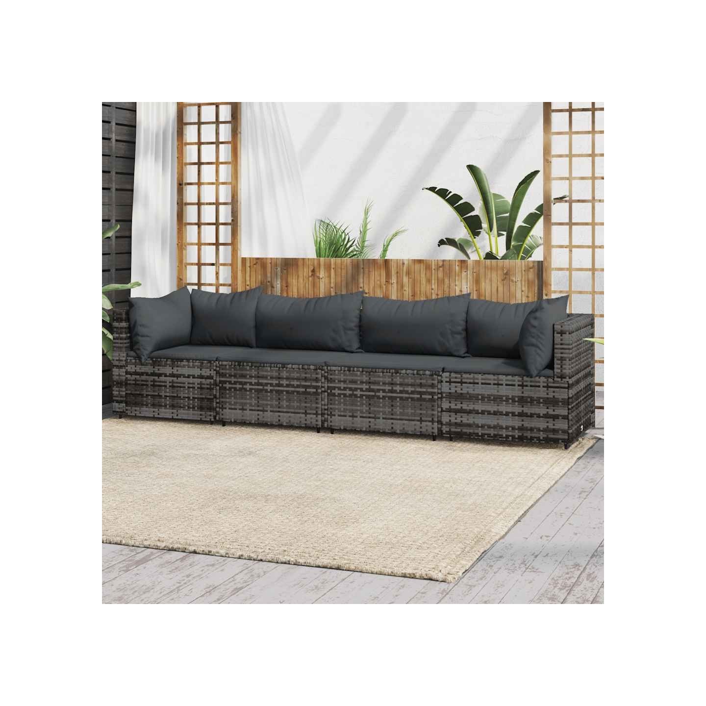 Salon de jardin 4 pcs avec coussins Gris Résine tressée