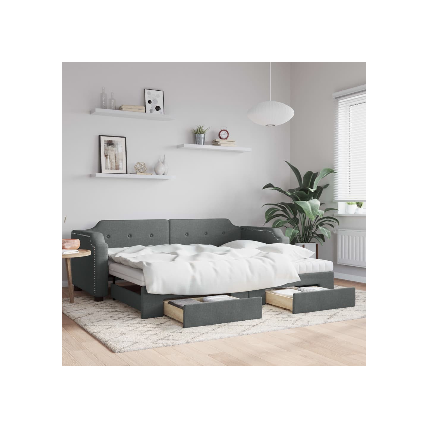 Lit de jour avec gigogne et tiroirs gris foncé 80x200 cm tissu