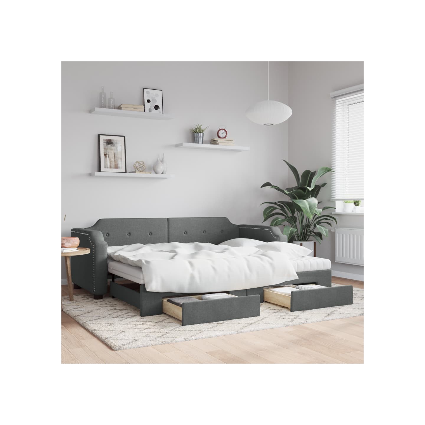 Lit de jour avec gigogne et tiroirs gris foncé 90x200 cm tissu