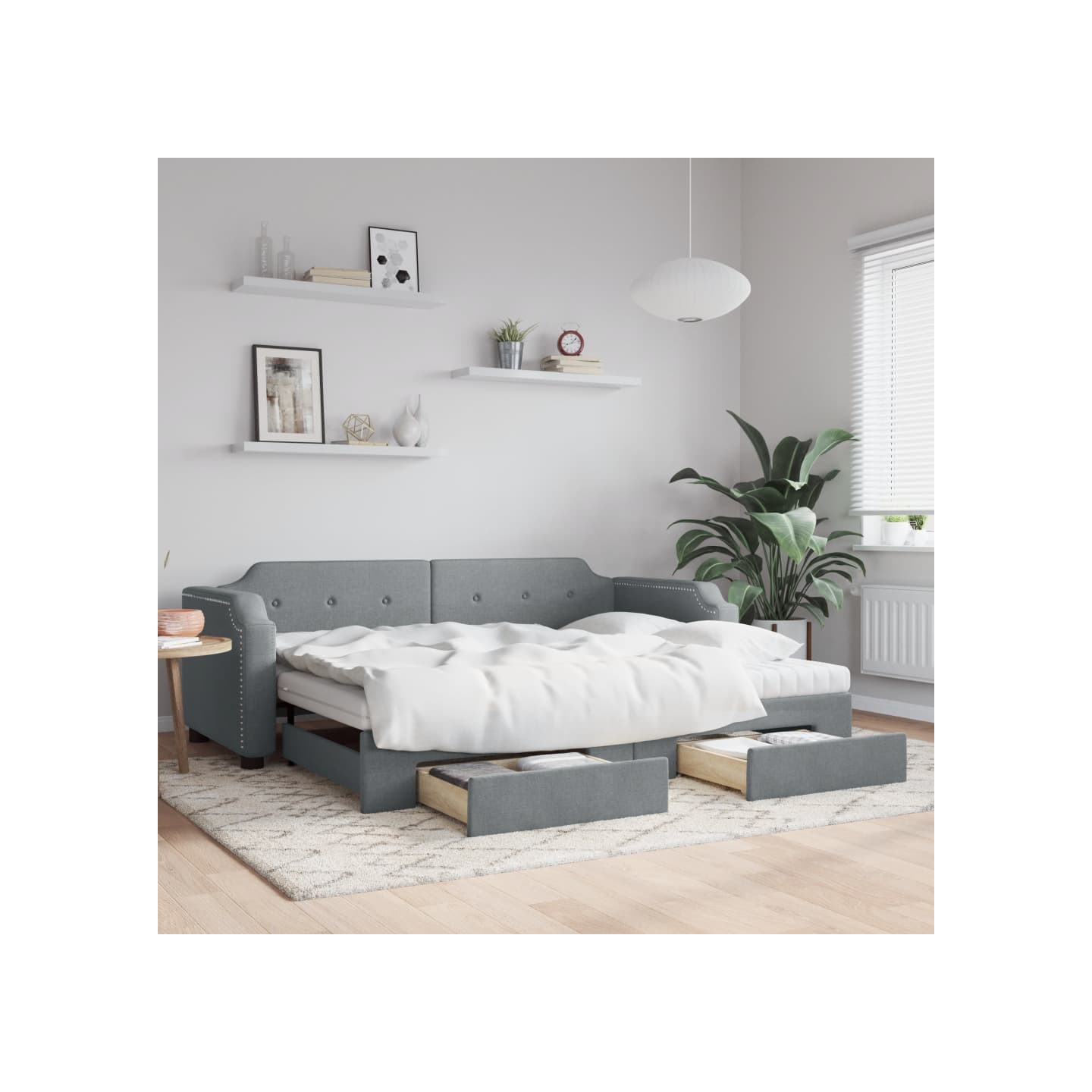 Lit de jour avec gigogne et tiroirs gris clair 100x200 cm tissu
