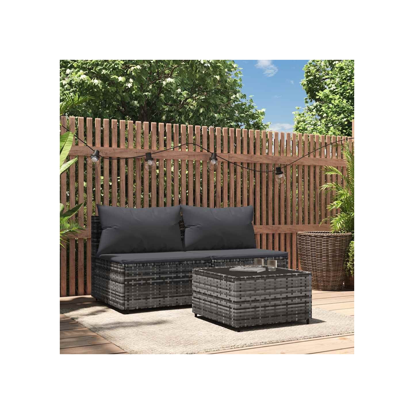 Salon de jardin 3 pcs avec coussins Gris Résine tressée