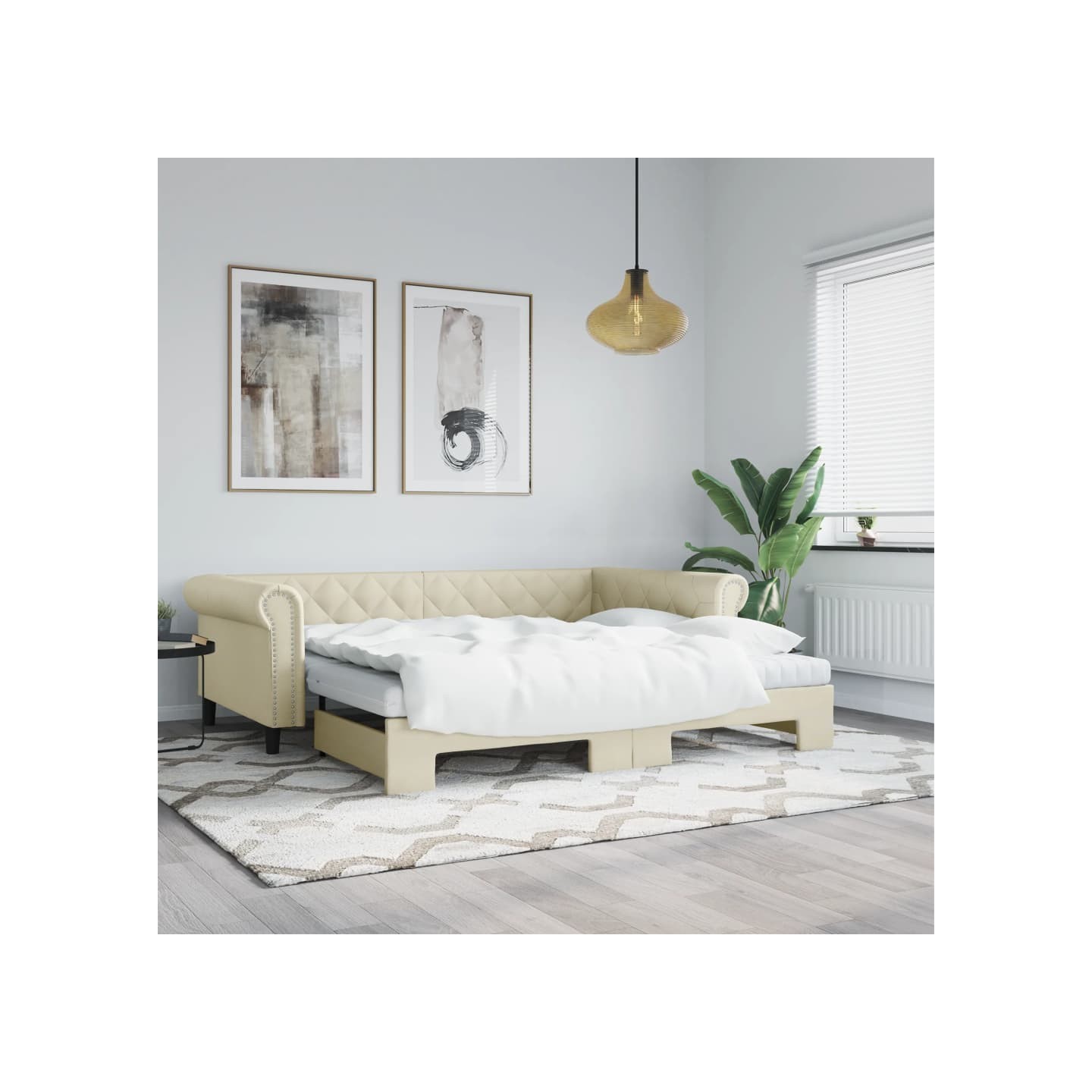 Lit de jour avec gigogne et matelas crème 90x200 cm similicuir