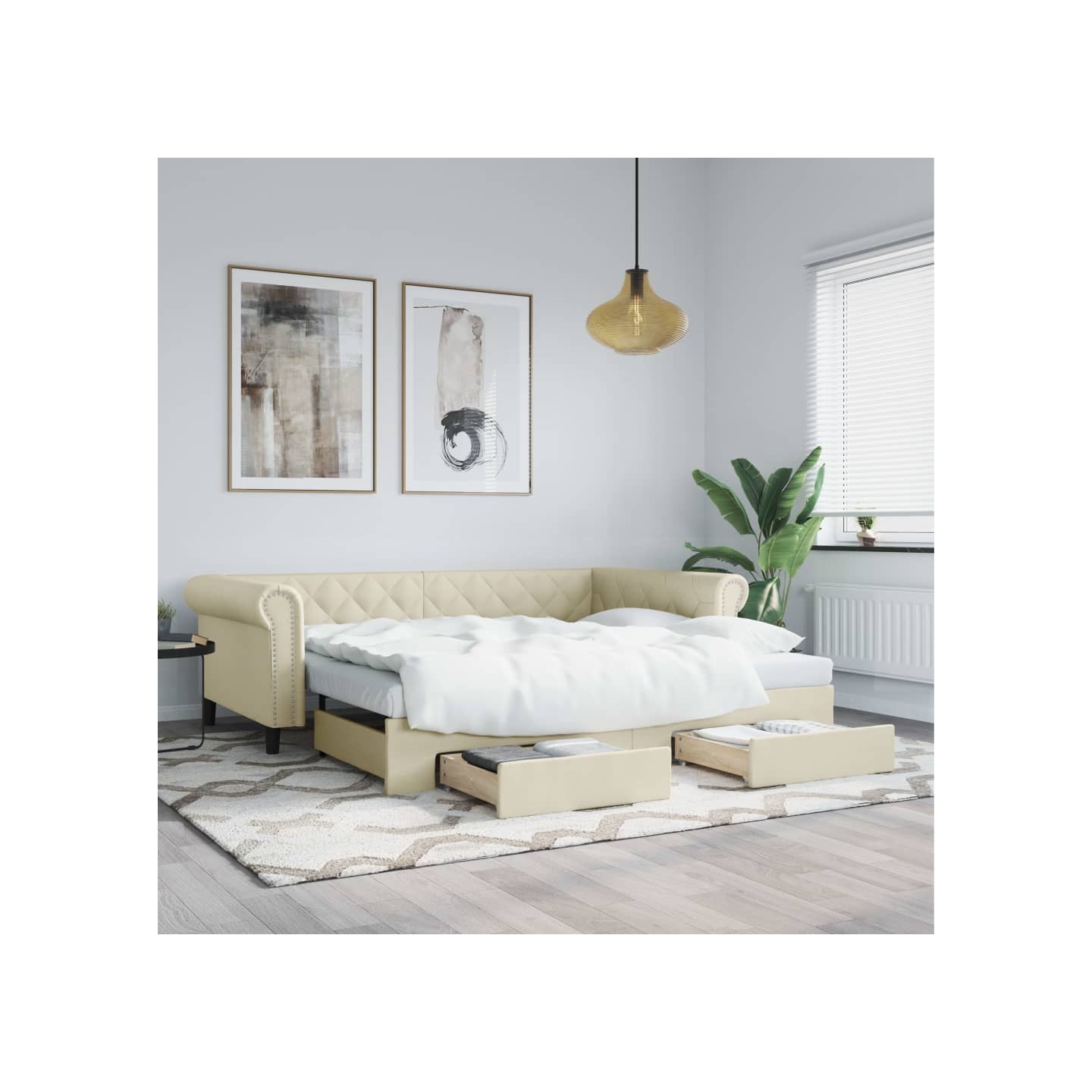 Lit de jour avec gigogne et tiroirs sans matelas crème 90x200cm