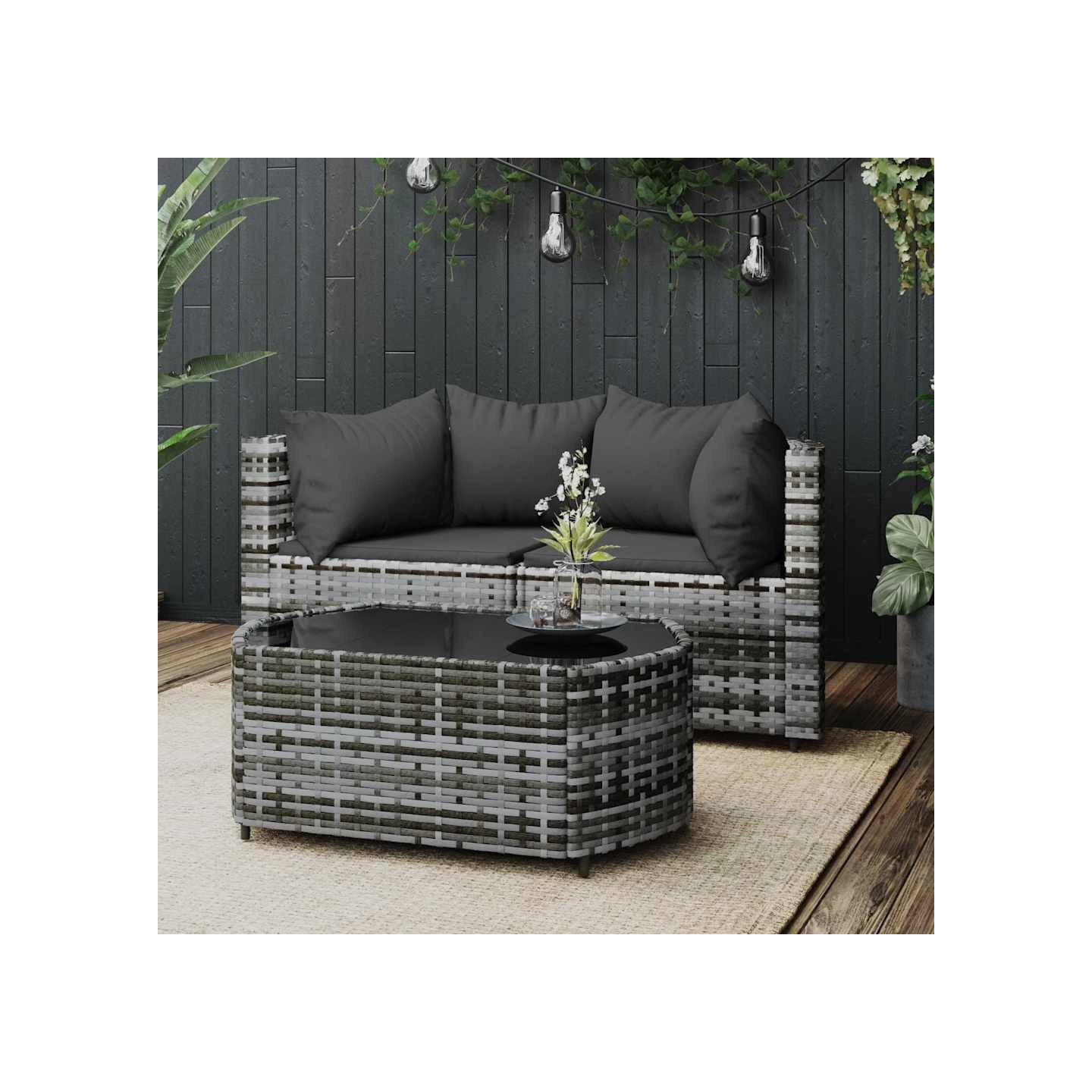 Salon de jardin 3 pcs avec coussins Gris Résine tressée