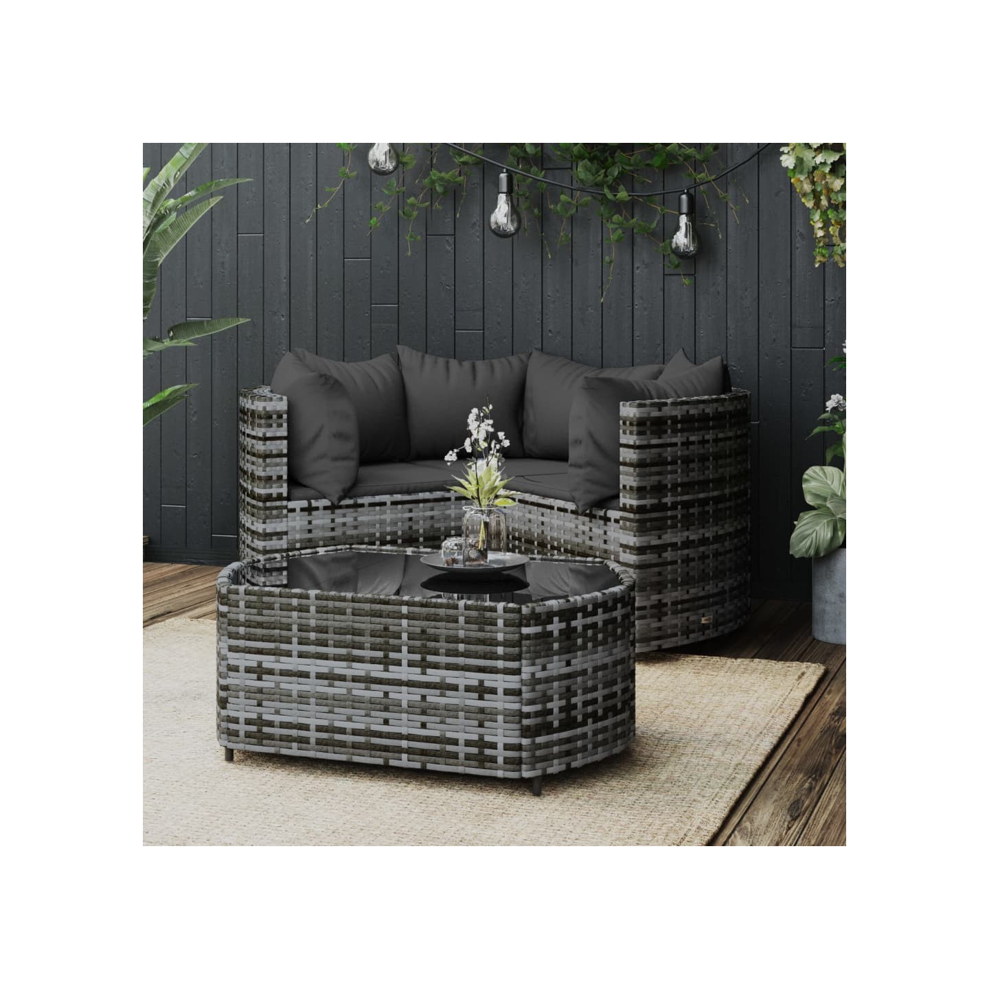 Salon de jardin 4 pcs avec coussins Gris Résine tressée