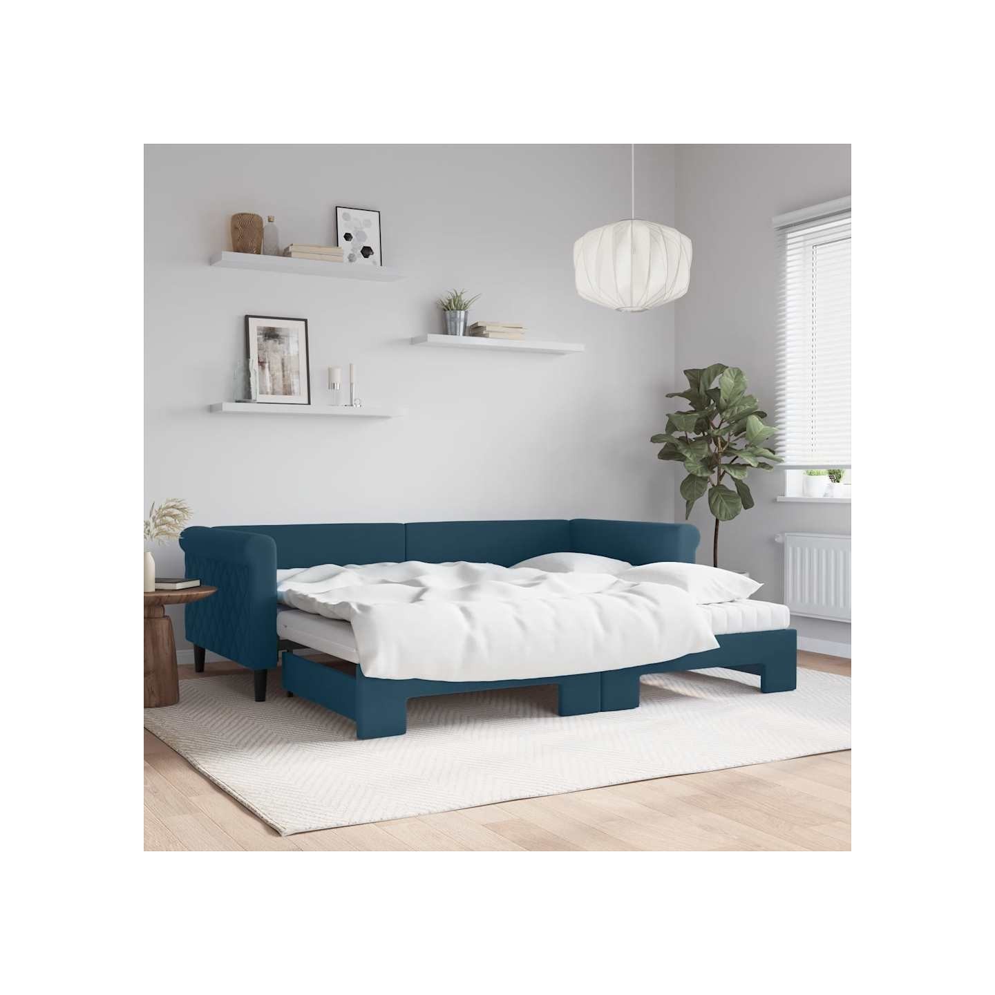 Lit de jour avec lit gigogne et matelas bleu 90x200 cm velours
