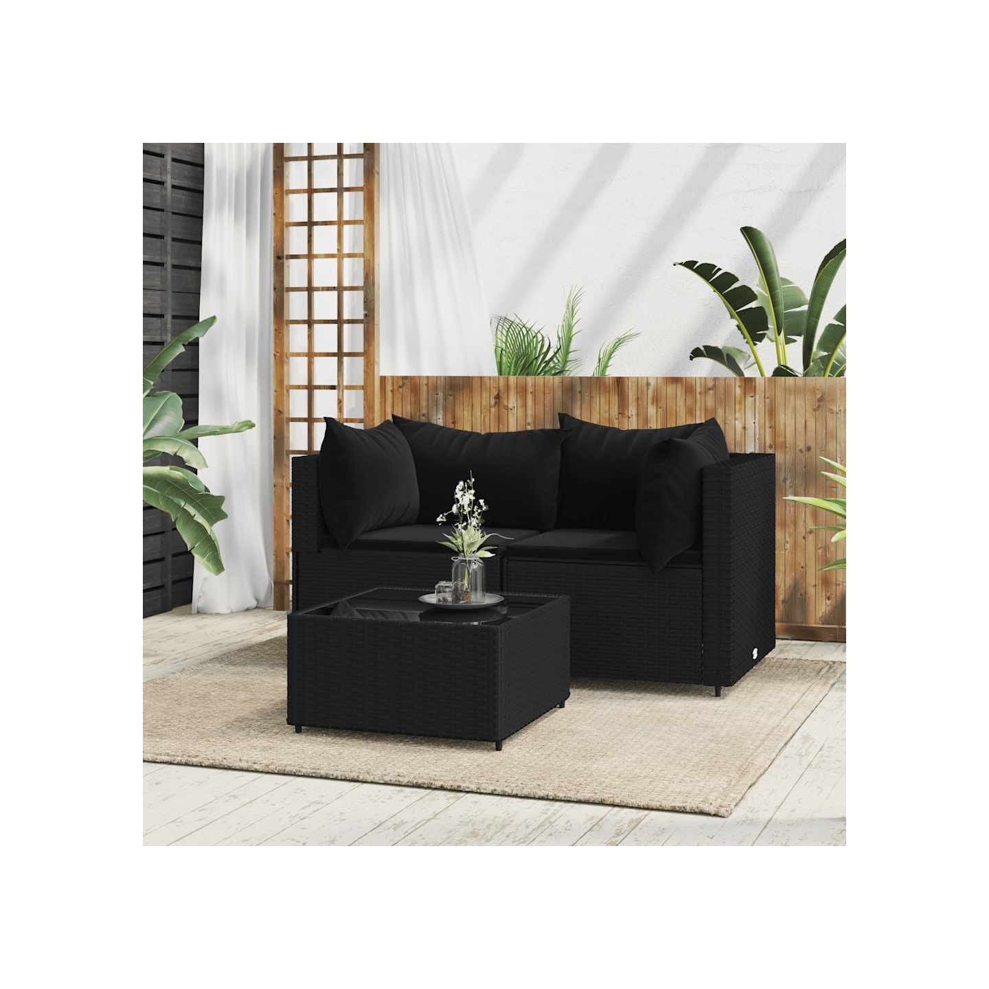 Salon de jardin 3 pcs avec coussins Noir Résine tressée
