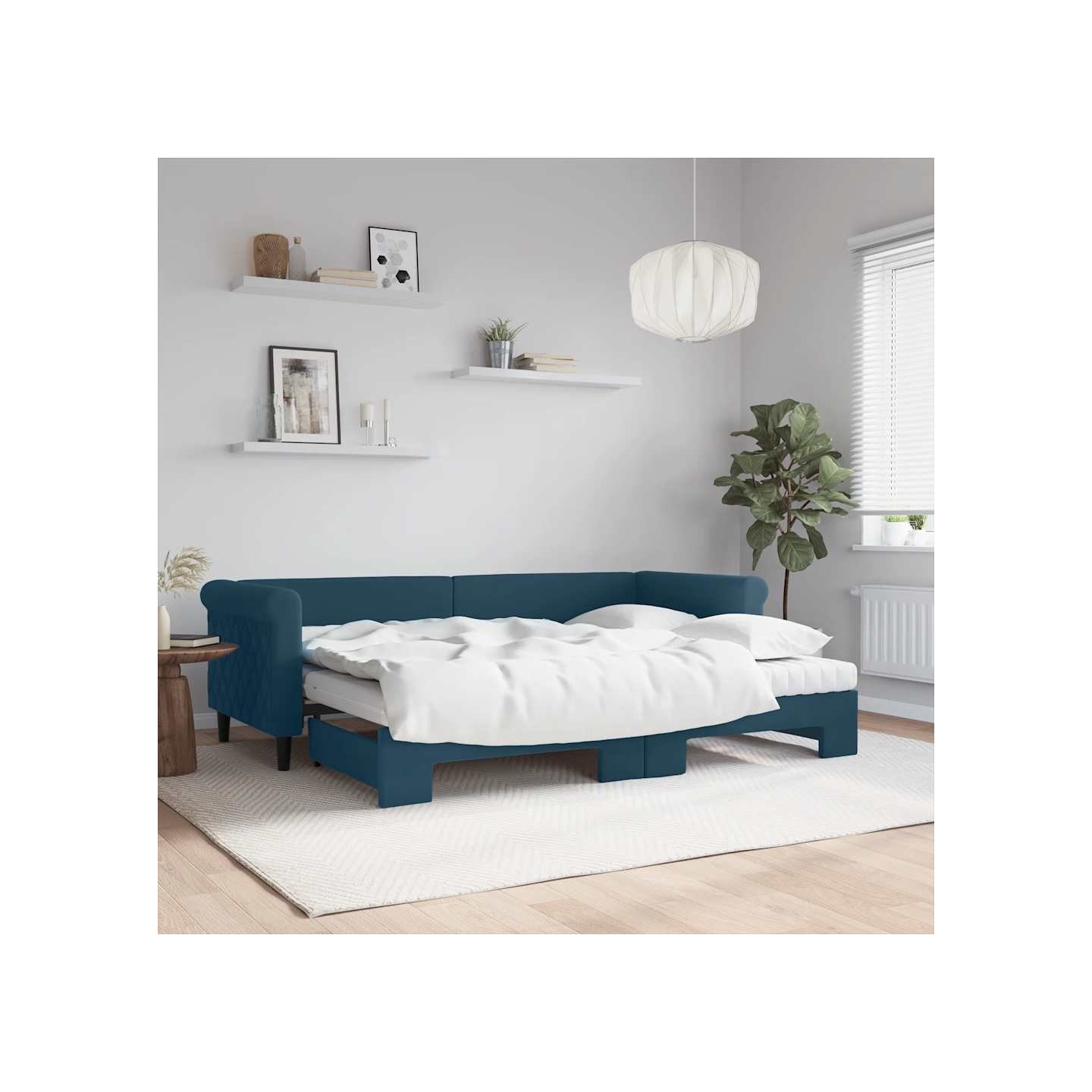 Lit de jour avec lit gigogne et matelas bleu 80x200 cm velours