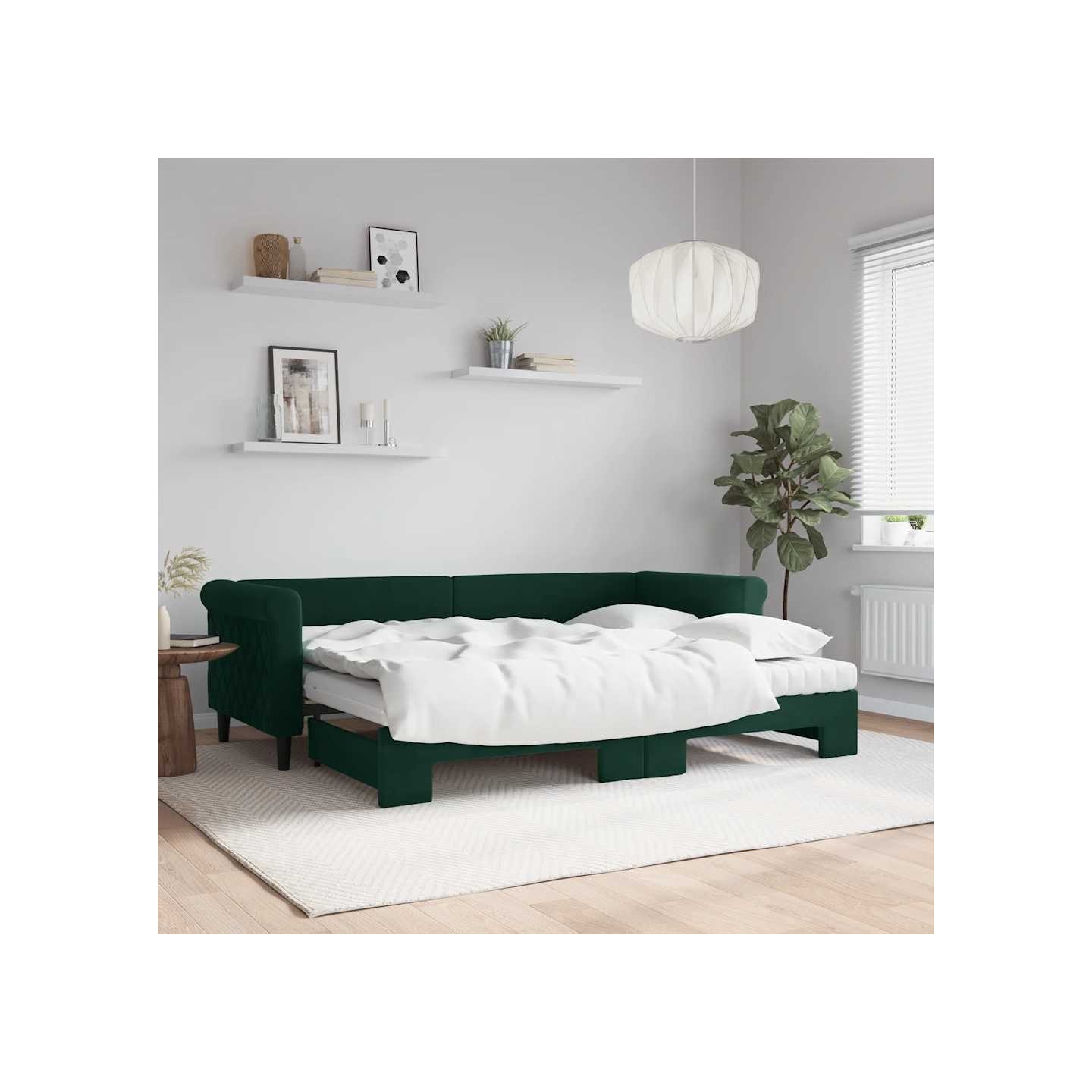 Lit de jour avec gigogne et matelas vert foncé 80x200cm velours