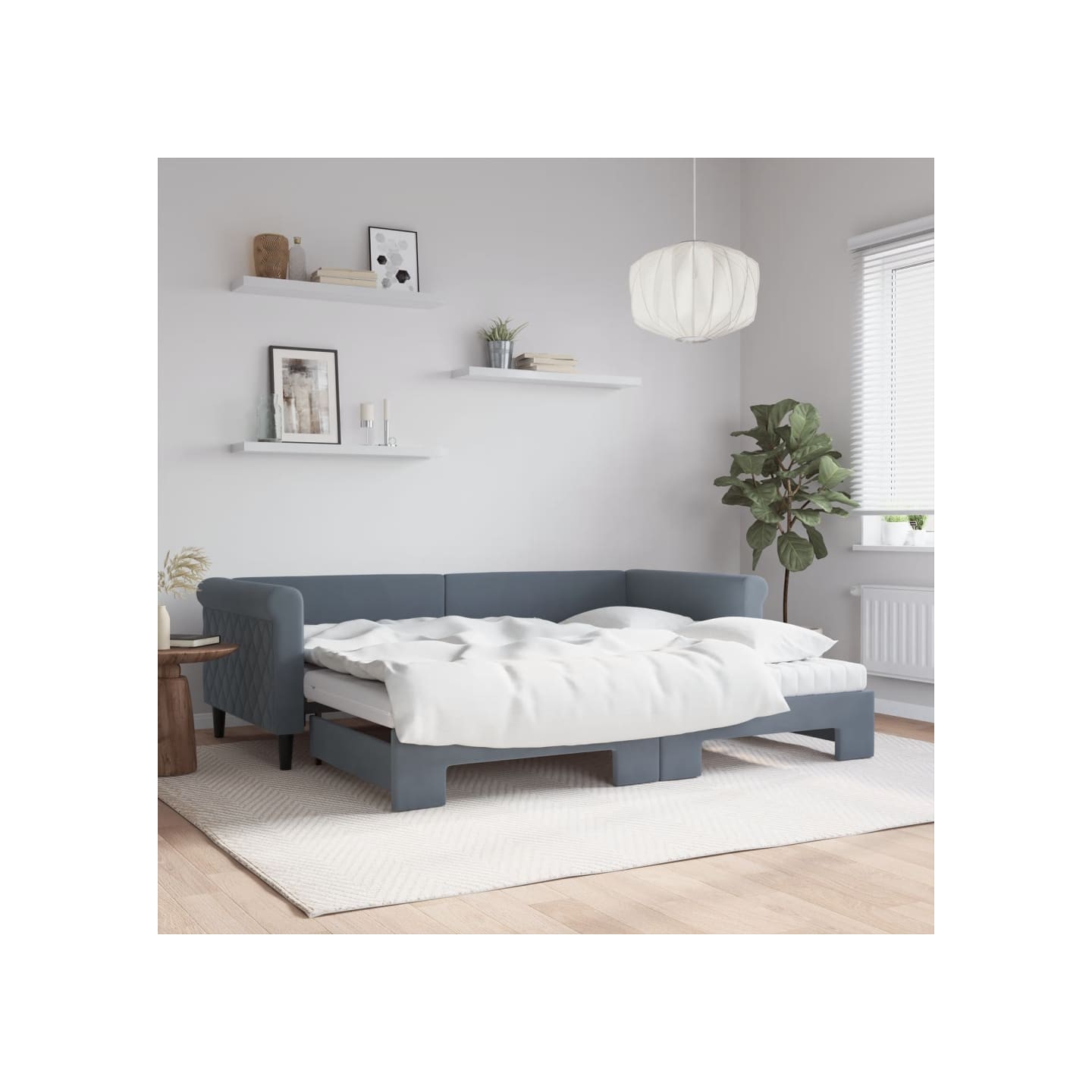 Lit de jour avec gigogne et matelas gris foncé 90x200cm velours