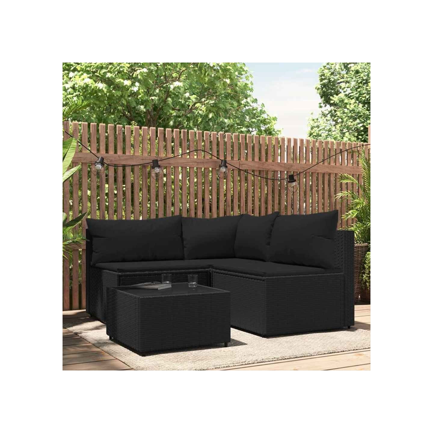 Salon de jardin 4 pcs avec coussins Noir Résine tressée