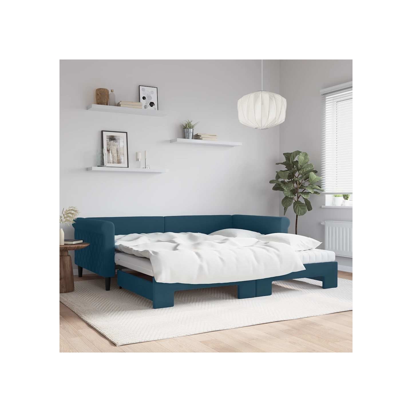 Lit de jour avec lit gigogne et matelas bleu 100x200 cm velours