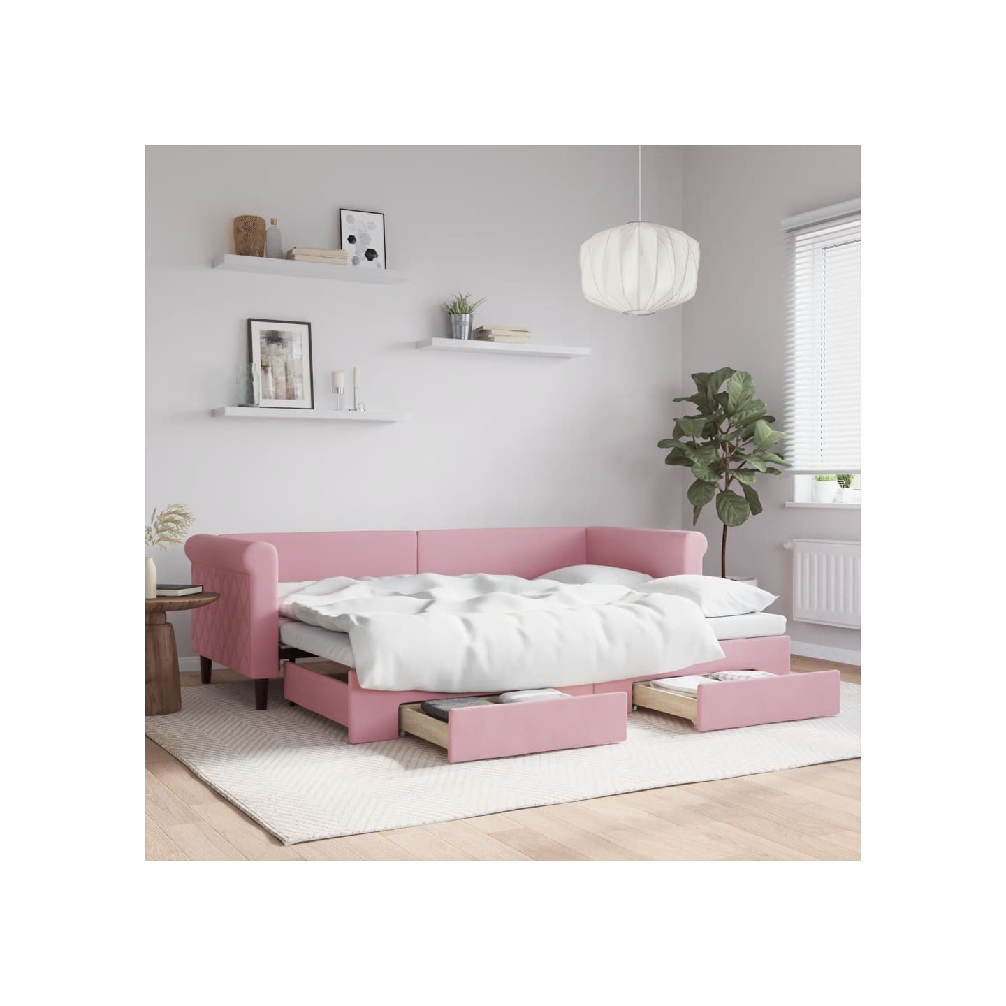 Lit de jour avec gigogne et tiroirs sans matelas rose 80x200 cm