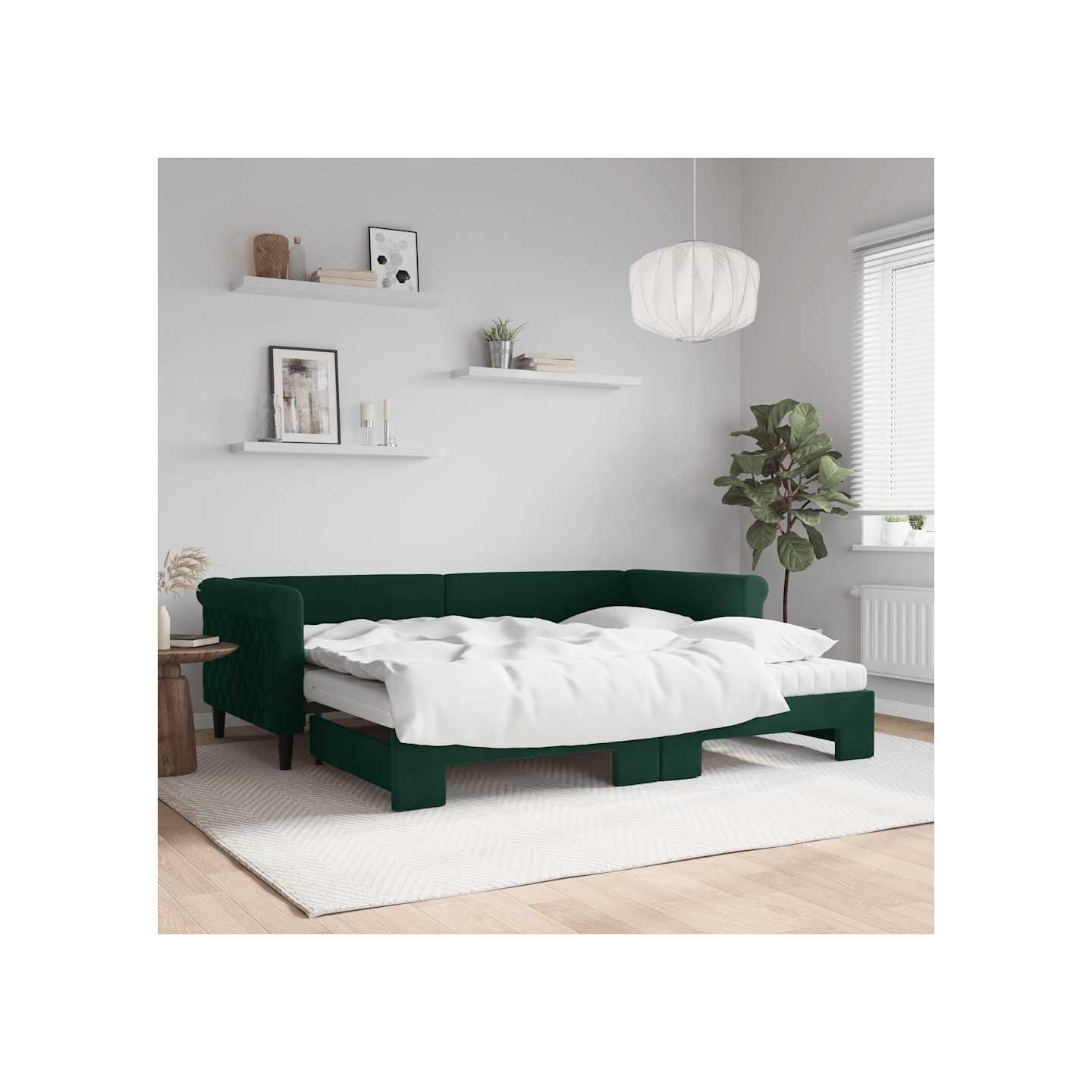 Lit de jour avec gigogne et matelas vert foncé 90x200cm velours