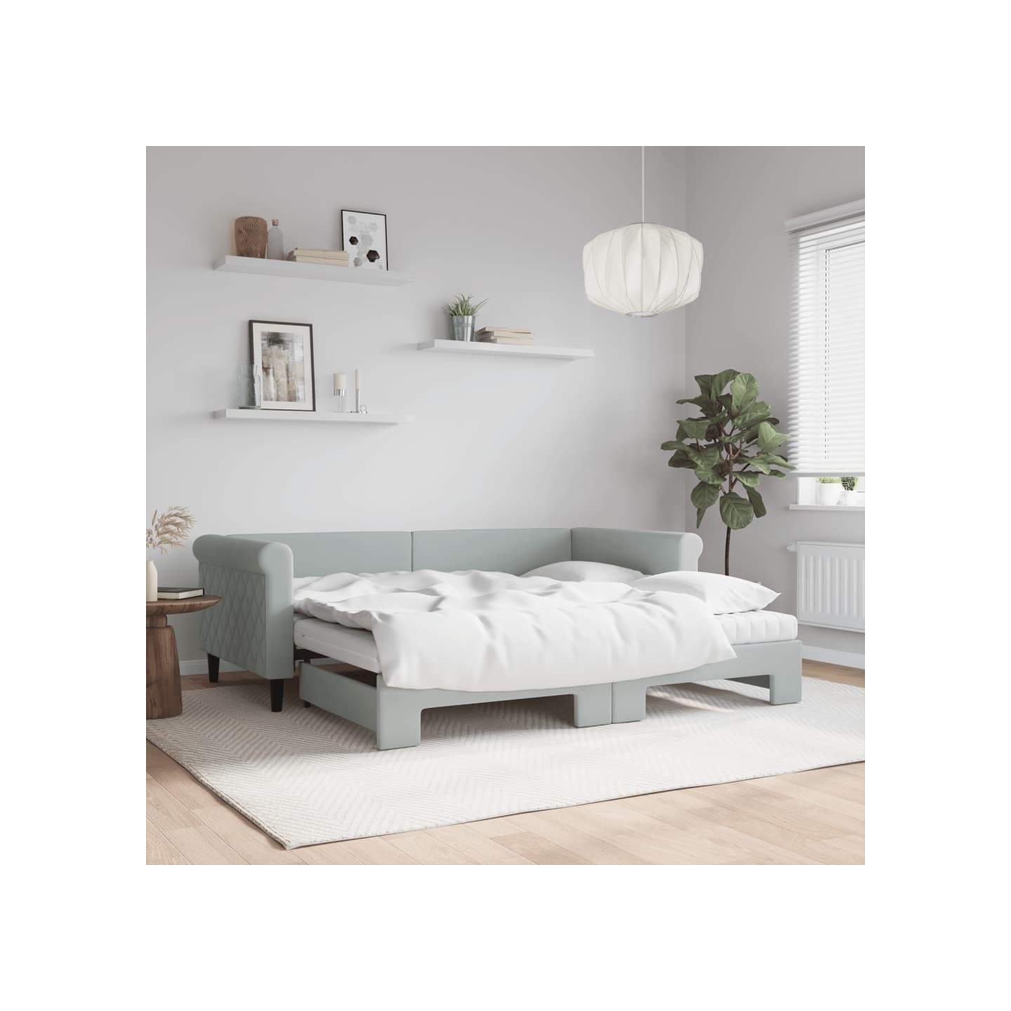 Lit de jour avec gigogne et matelas gris clair 90x190cm velours