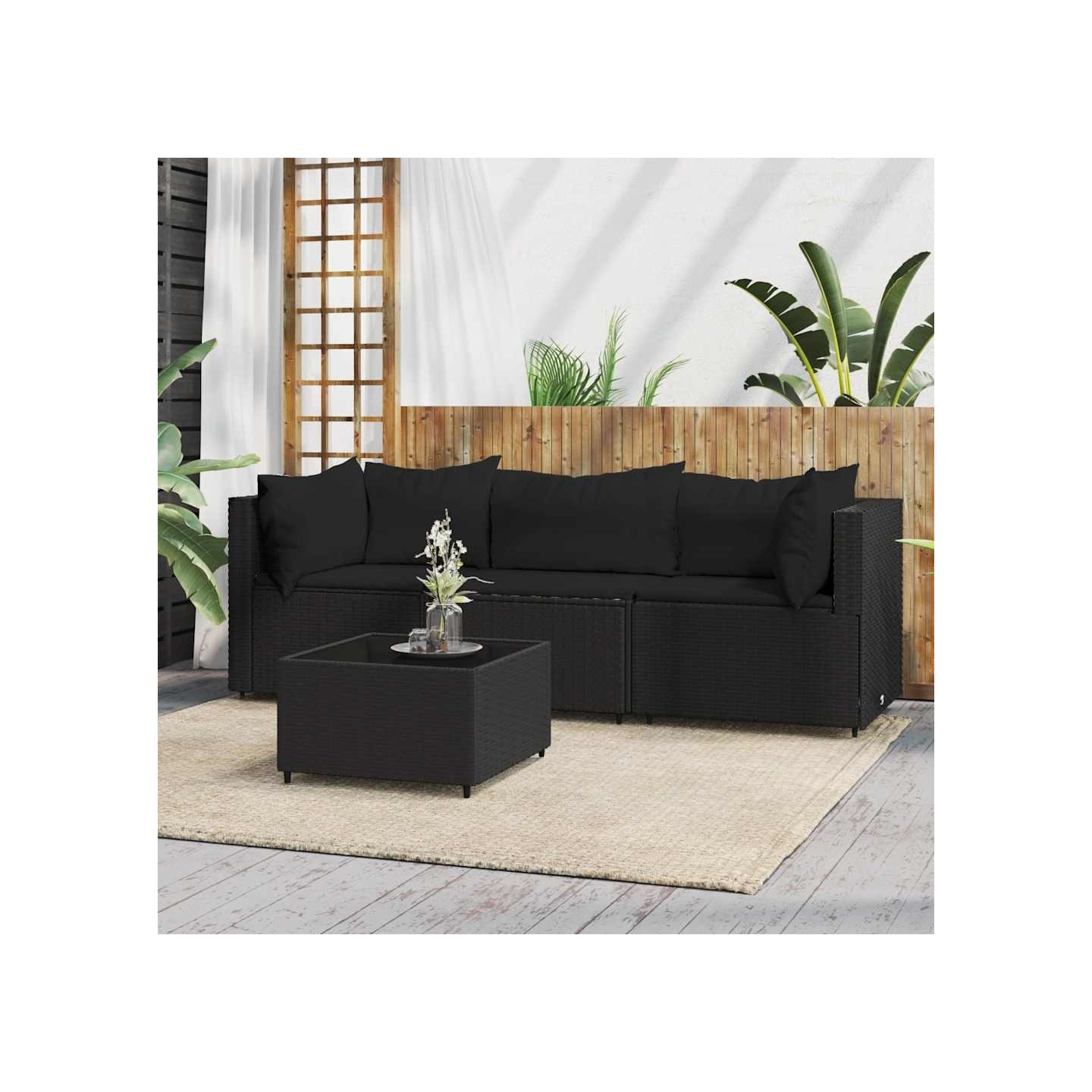Salon de jardin 4 pcs avec coussins Noir Résine tressée