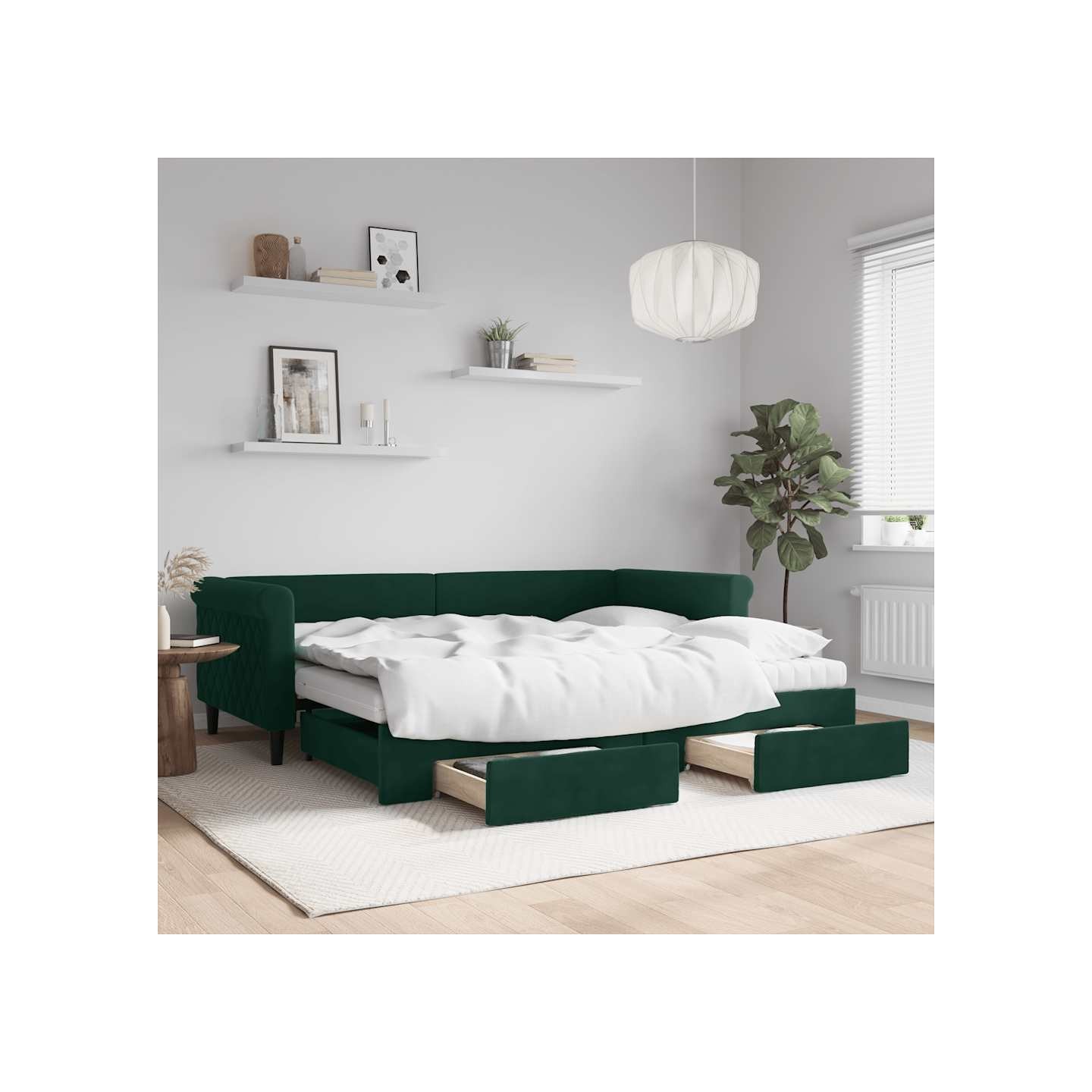 Lit de jour avec gigogne et tiroirs vert foncé 90x200cm velours