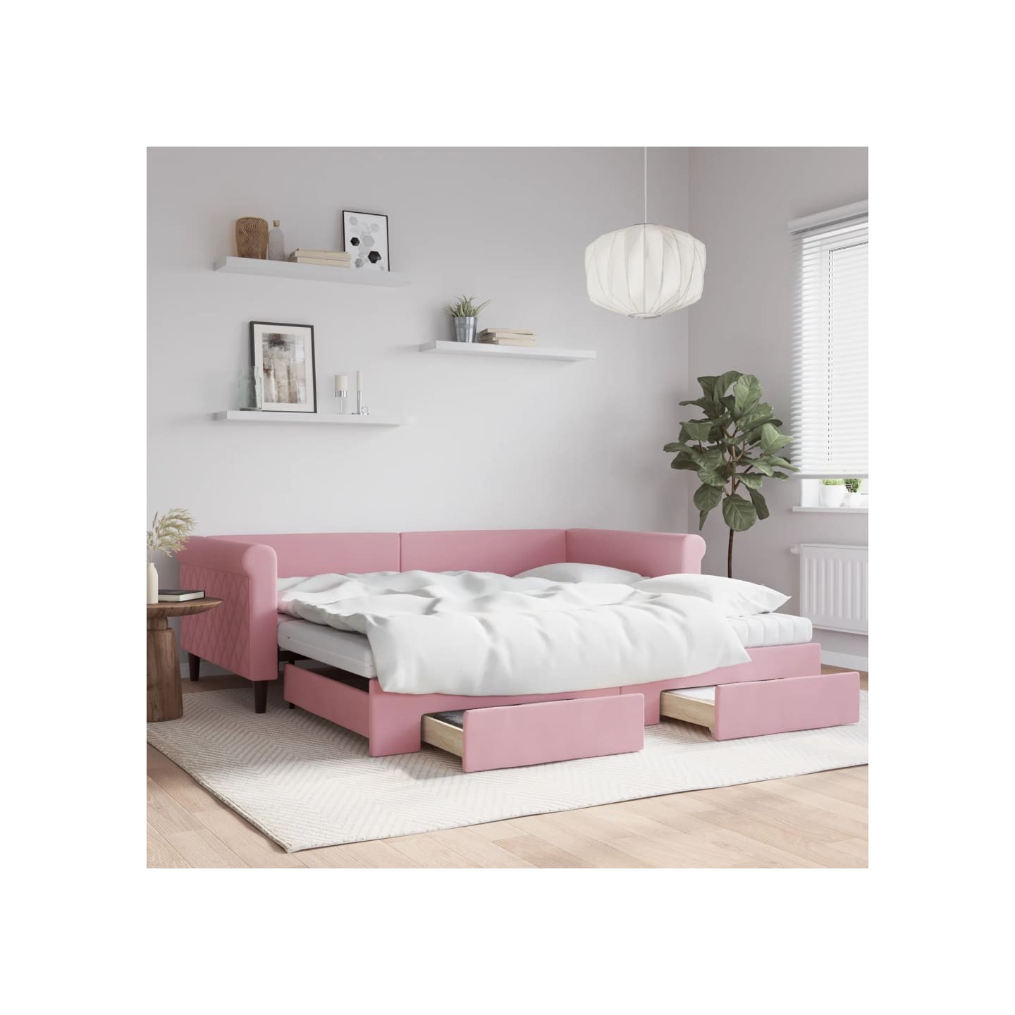 Lit de jour avec gigogne et tiroirs rose 100x200 cm velours