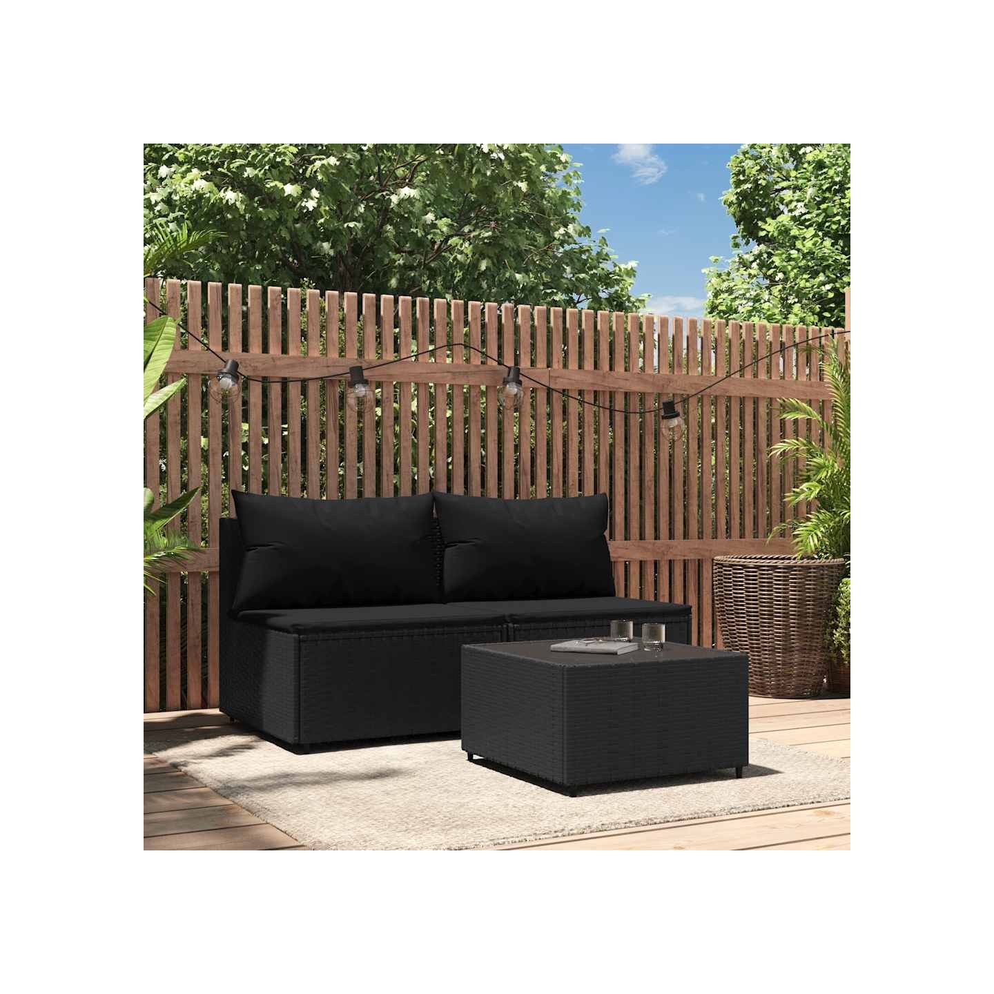 Salon de jardin 3 pcs avec coussins Noir Résine tressée
