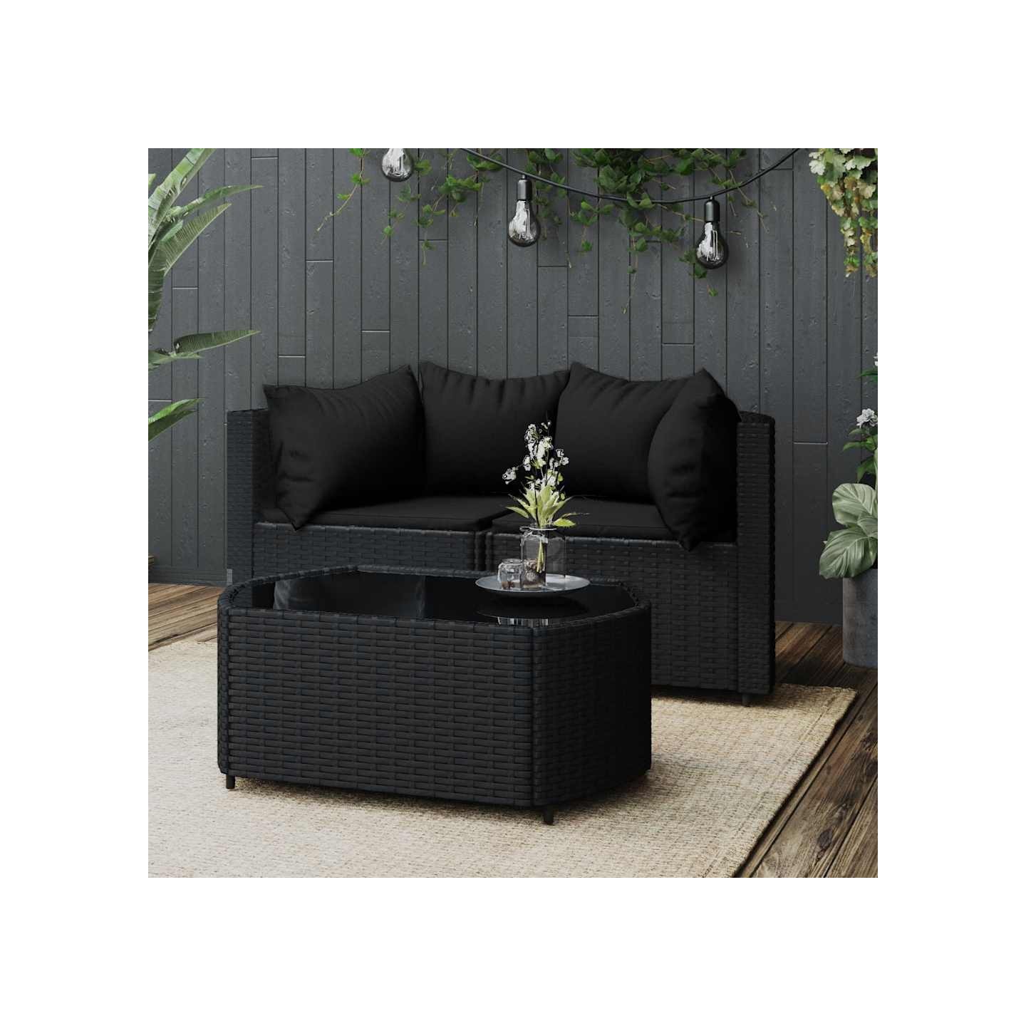 Salon de jardin 3 pcs avec coussins Noir Résine tressée