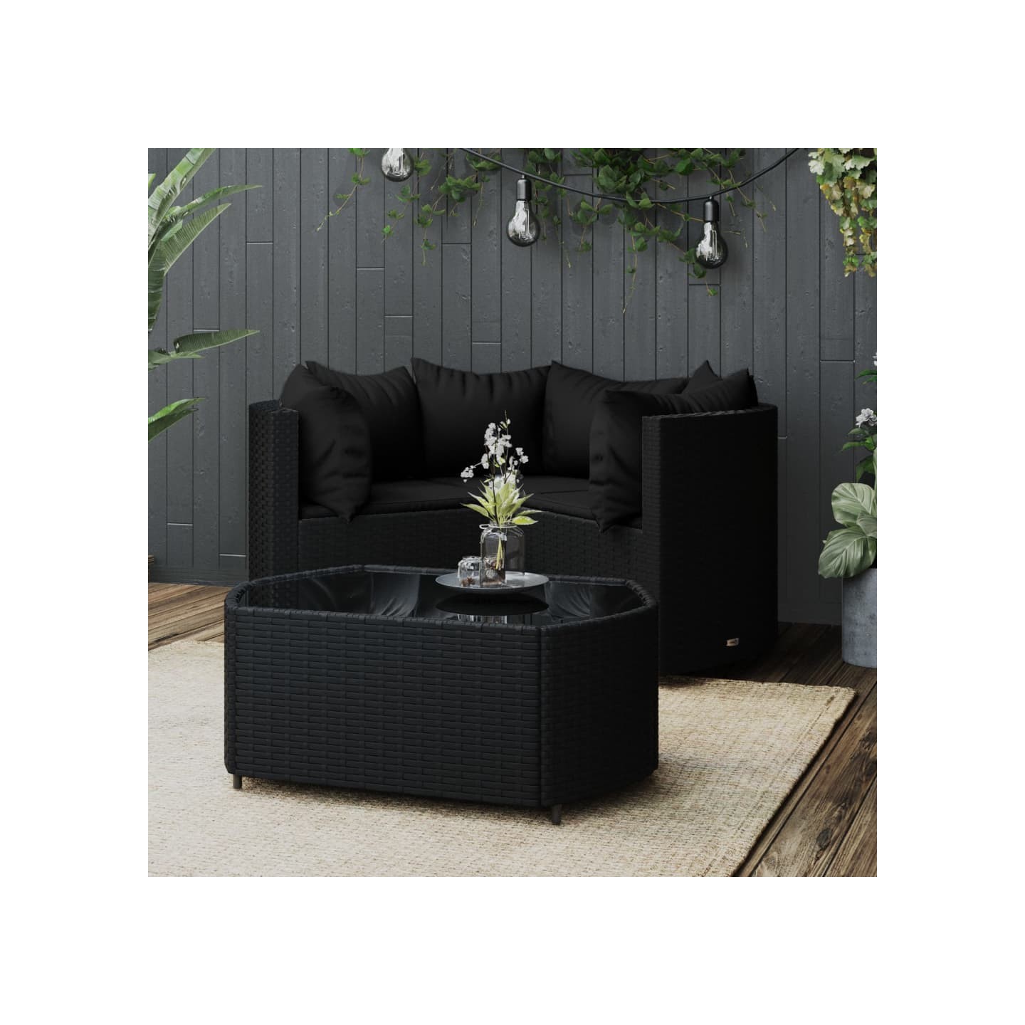 Salon de jardin 4 pcs avec coussins Noir Résine tressée