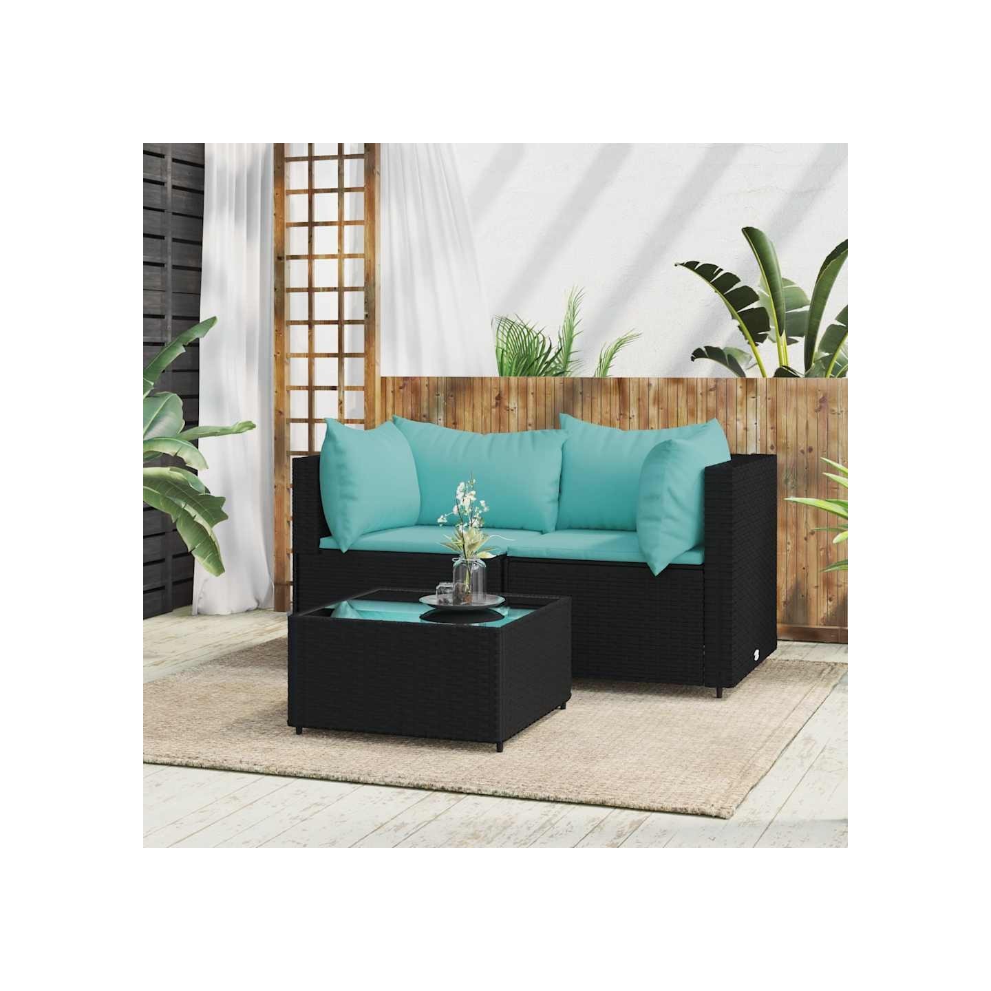 Salon de jardin 3 pcs avec coussins Noir Résine tressée