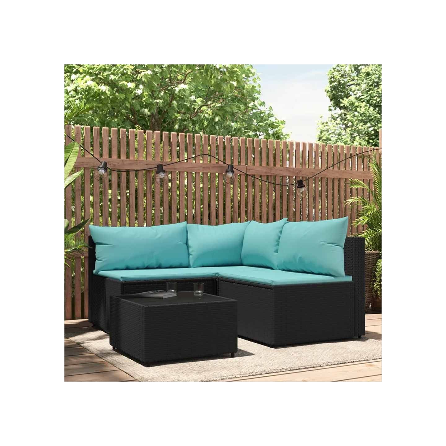 Salon de jardin 4 pcs avec coussins Noir Résine tressée