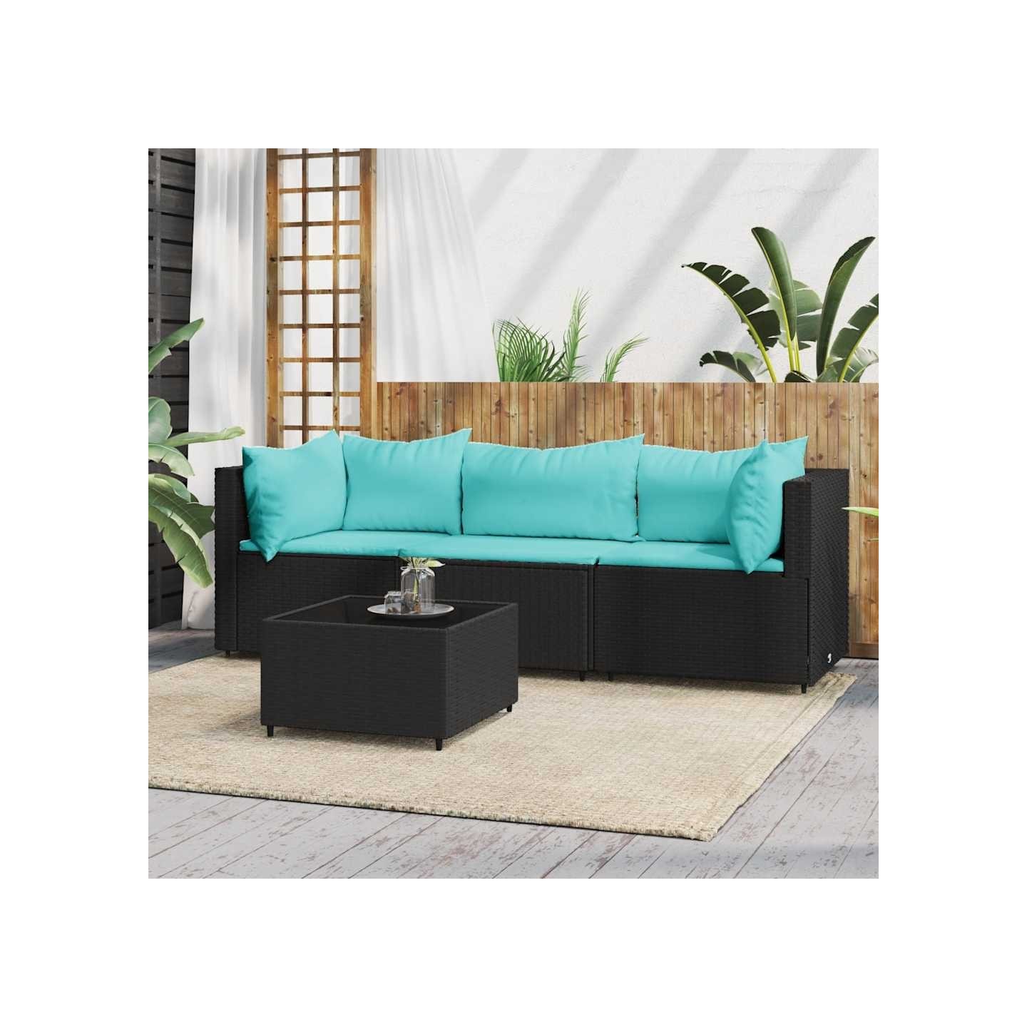 Salon de jardin 4 pcs avec coussins Noir Résine tressée