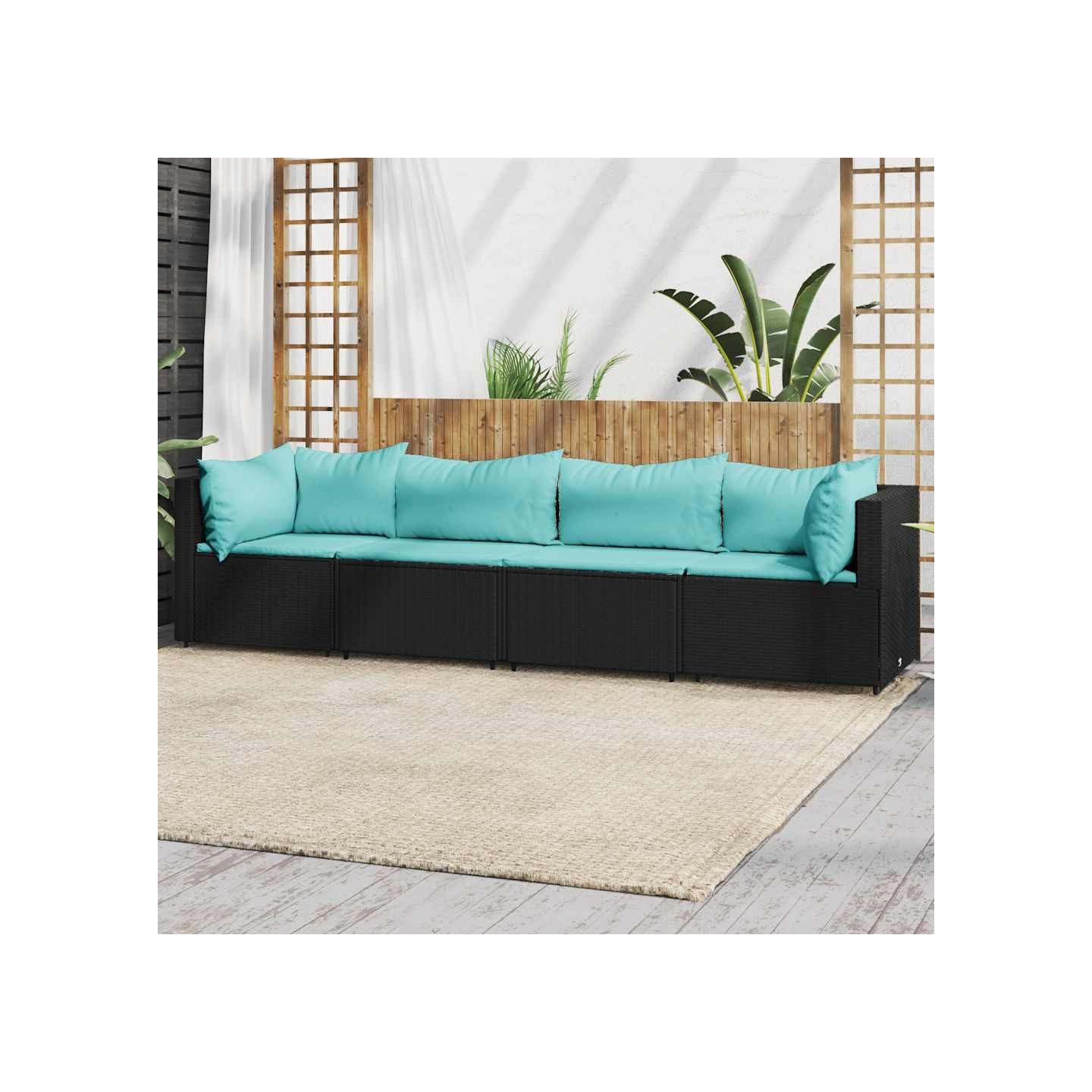 Salon de jardin 4 pcs avec coussins Noir Résine tressée