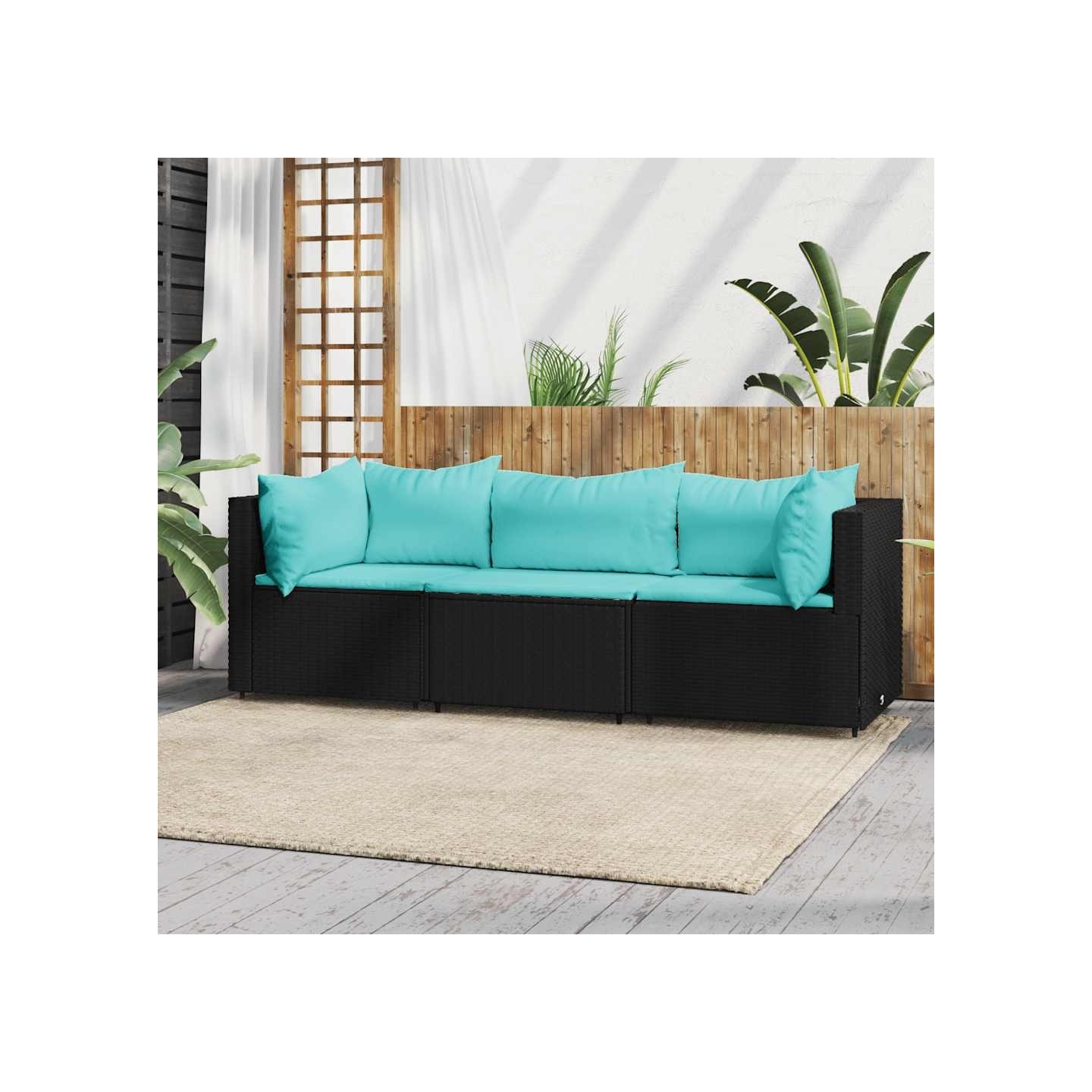 Salon de jardin 3 pcs avec coussins Noir Résine tressée