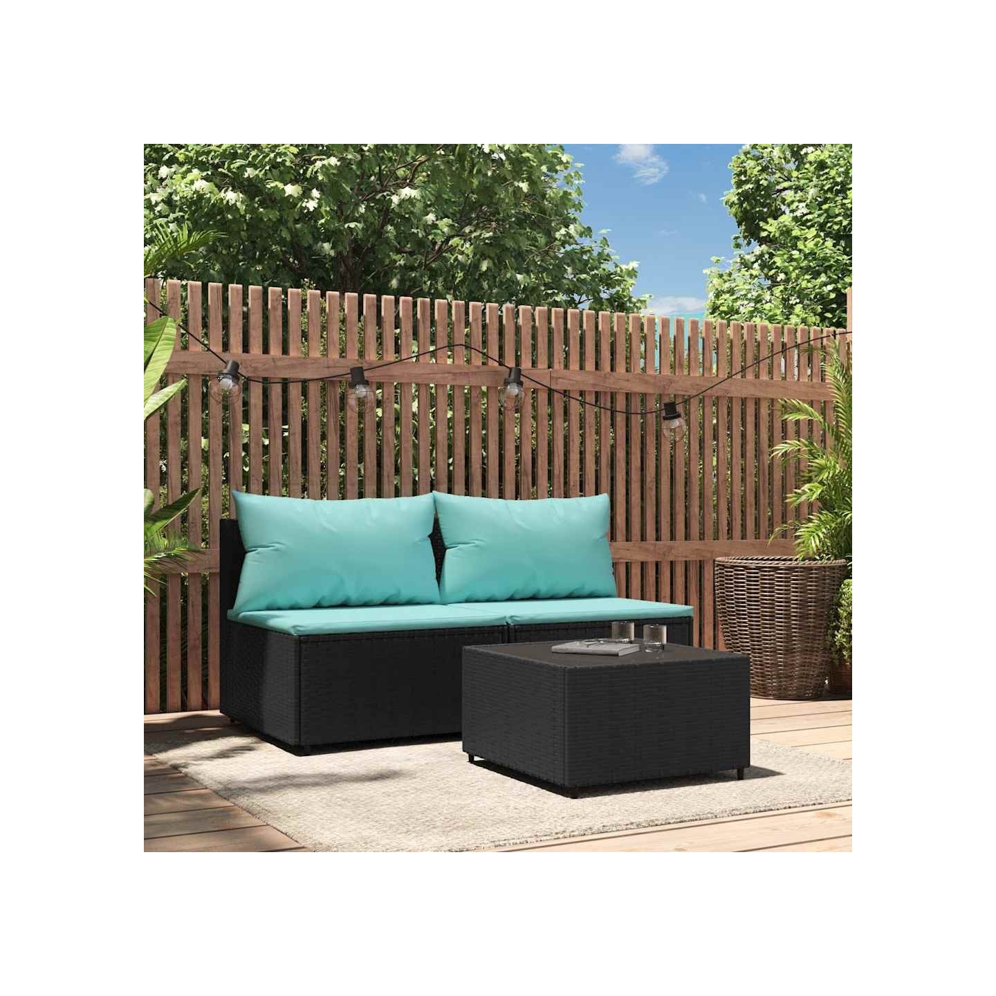 Salon de jardin 3 pcs avec coussins Noir Résine tressée
