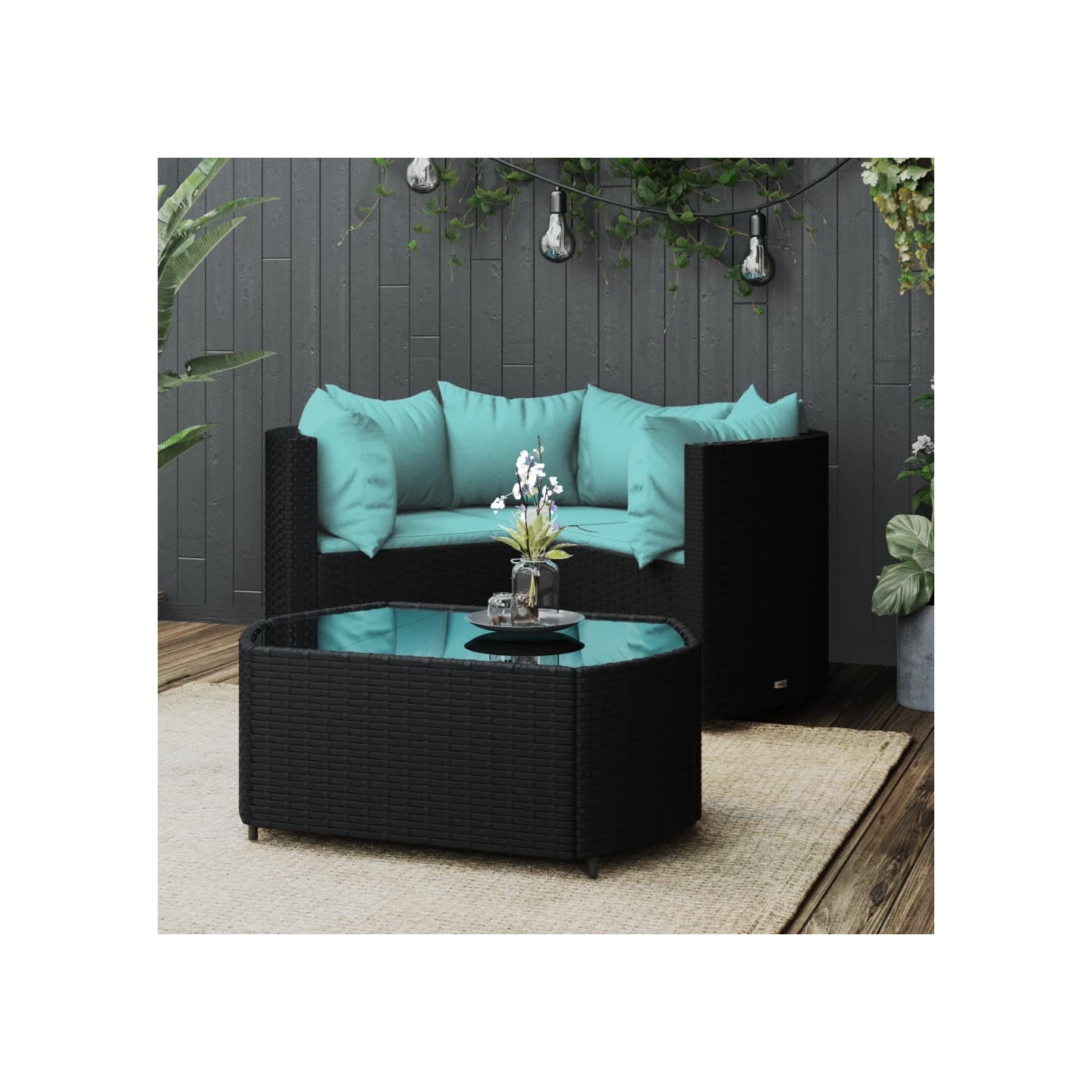 Salon de jardin 4 pcs avec coussins Noir Résine tressée