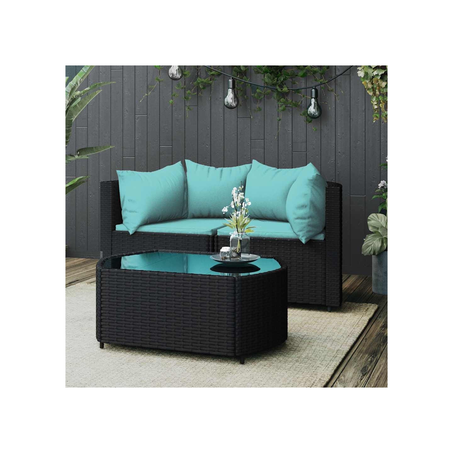 Salon de jardin 3 pcs avec coussins Noir Résine tressée