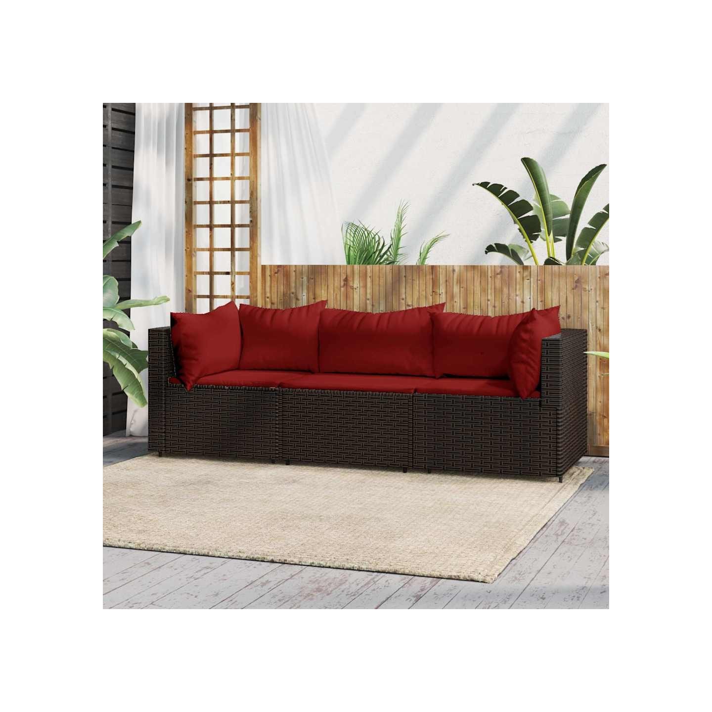 Salon de jardin 3 pcs avec coussins marron résine tressée