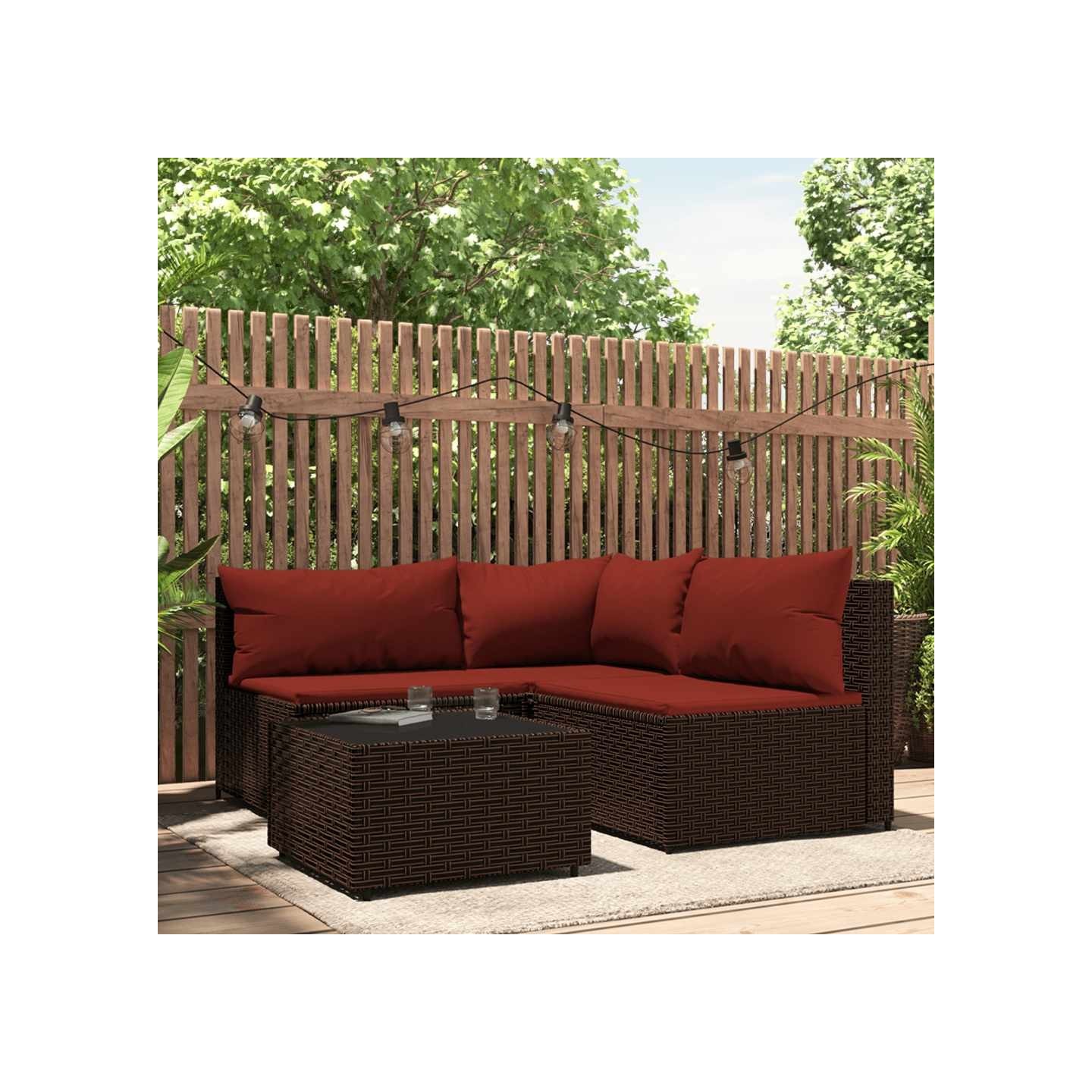 Salon de jardin 4 pcs avec coussins Marron Résine tressée