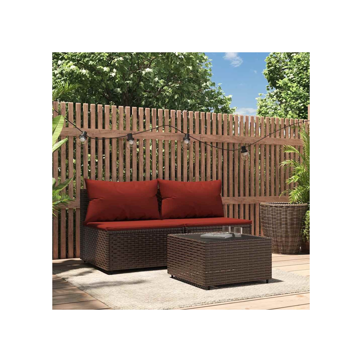 Salon de jardin 3 pcs avec coussins marron résine tressée