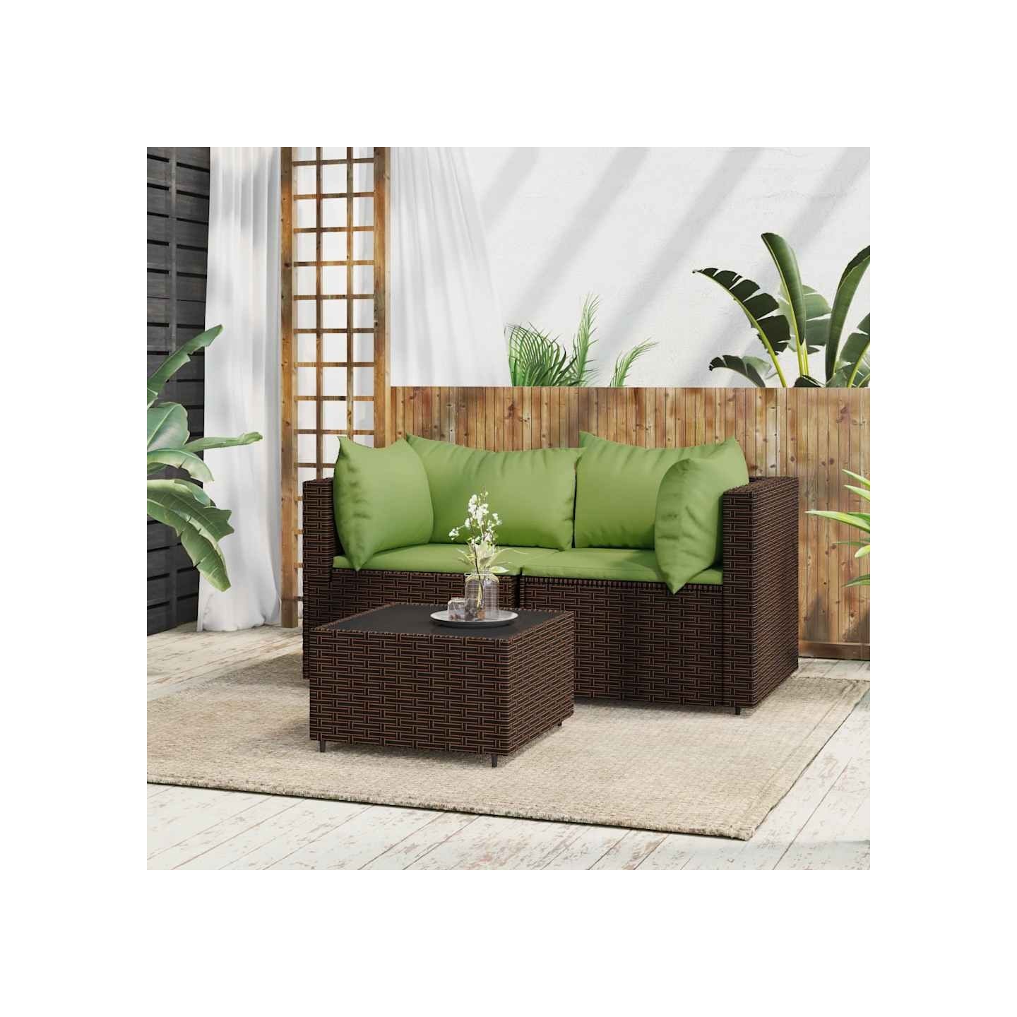Salon de jardin 3 pcs avec coussins marron résine tressée
