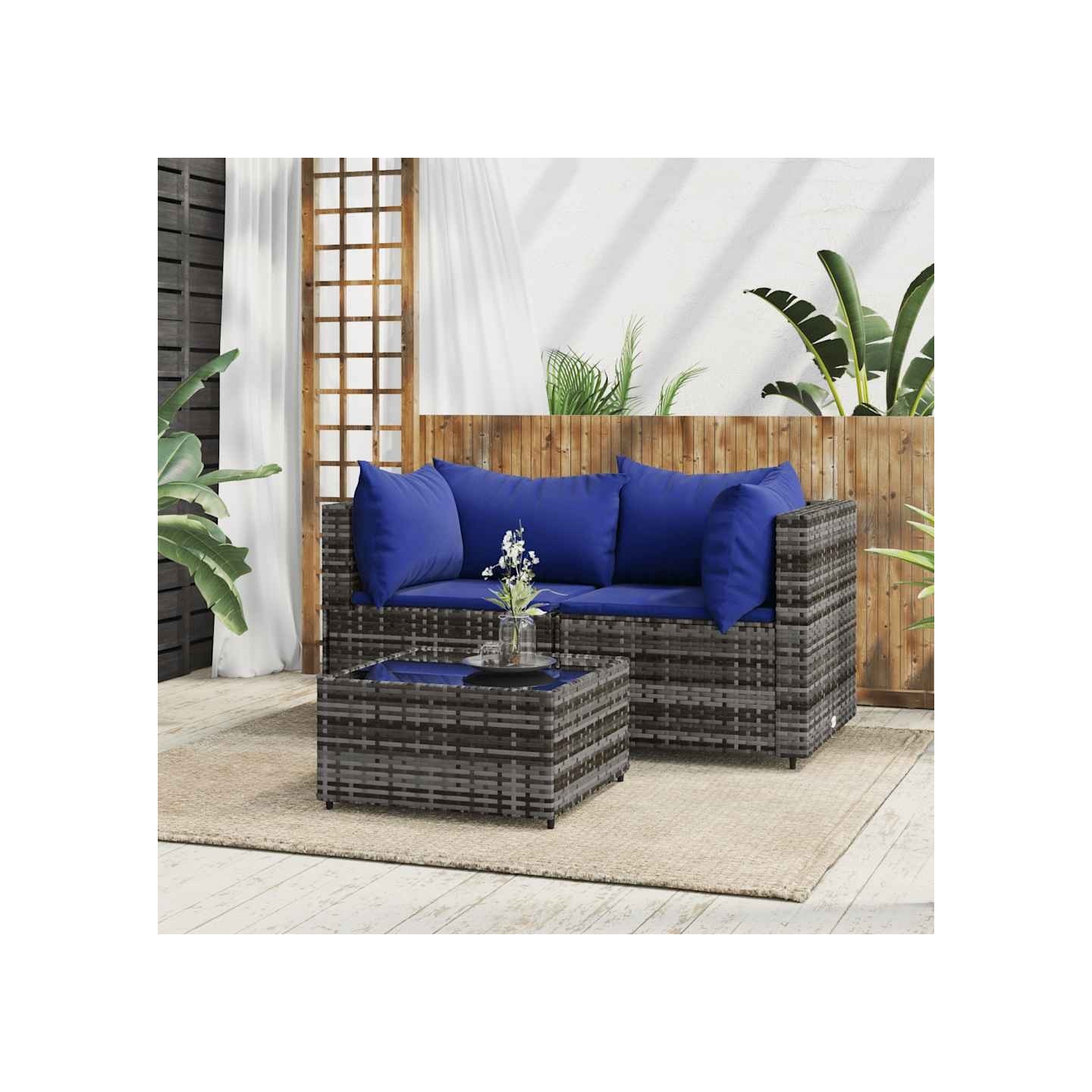 Salon de jardin 3 pcs avec coussins Gris Résine tressée